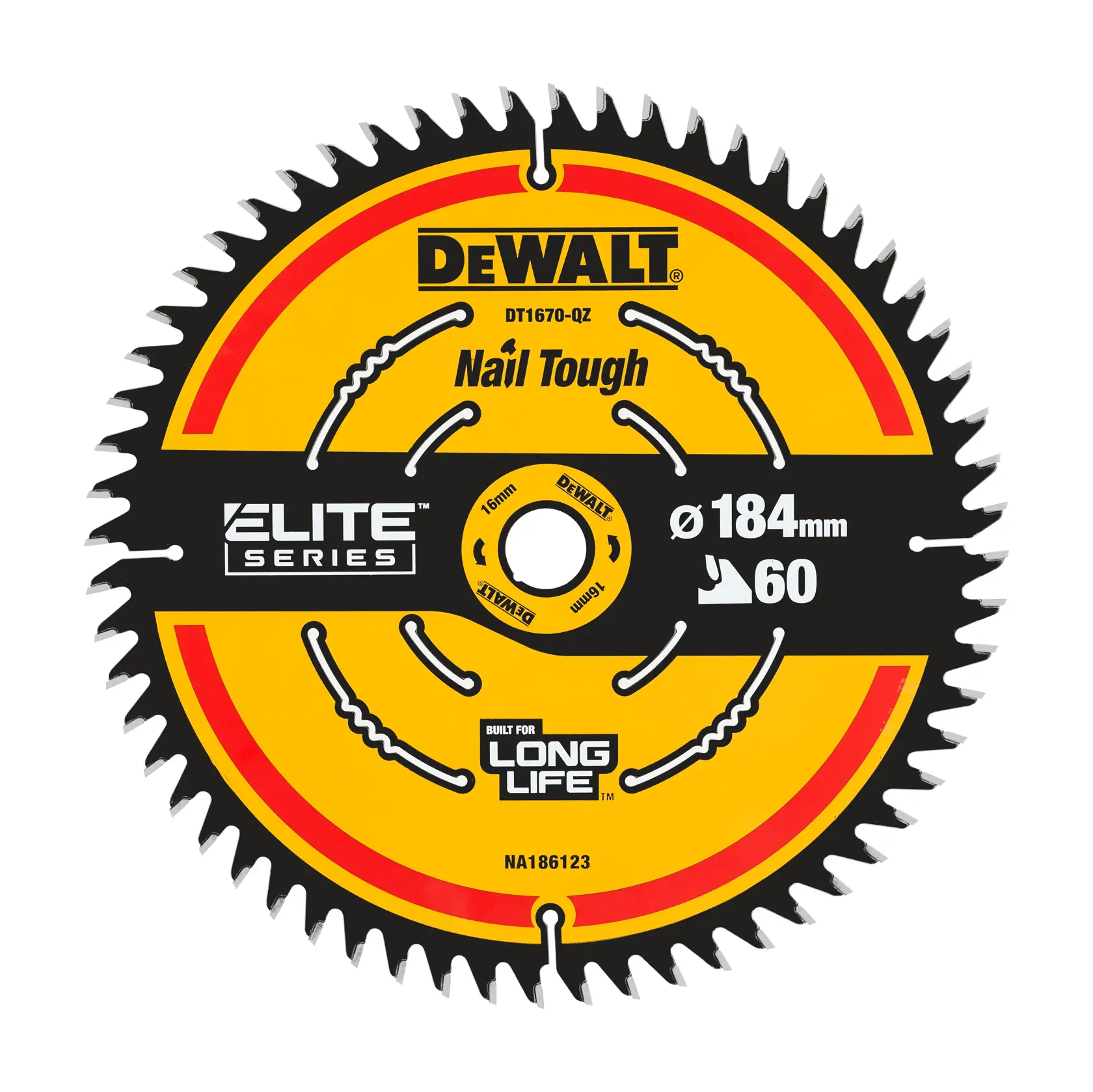 Lame de scie circulaire DEWALT Elite Series, 184mm, 60 dents, Nail Tough, jaune et noire, modèle DT1670.