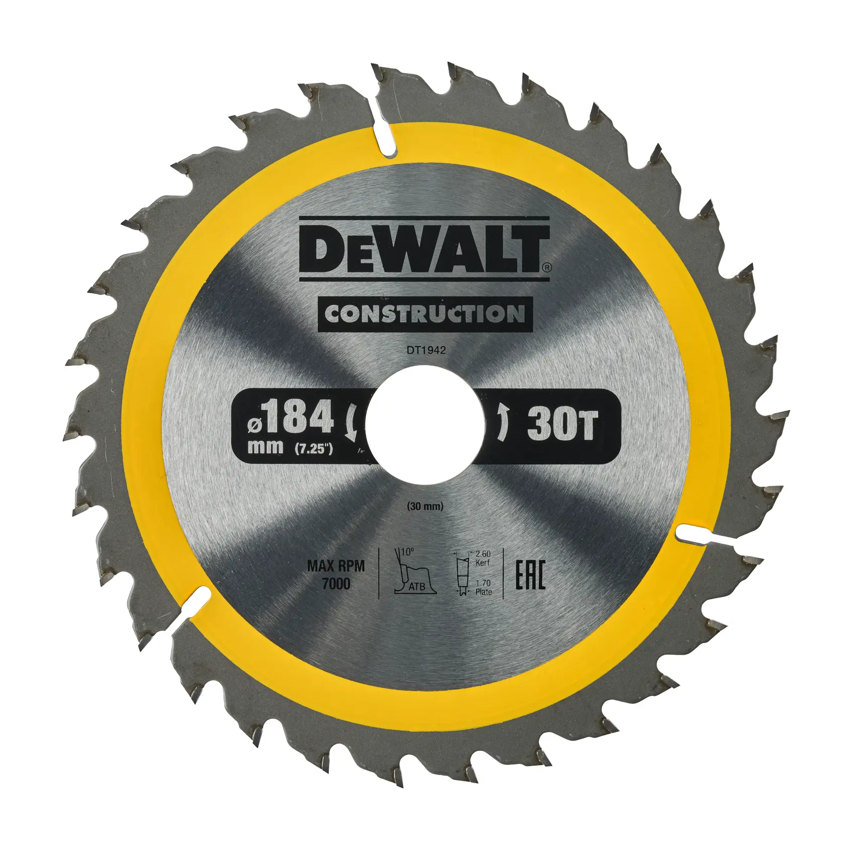 Lame de scie circulaire DEWALT DT1942, 184 mm, 30 dents, pour travaux de construction.