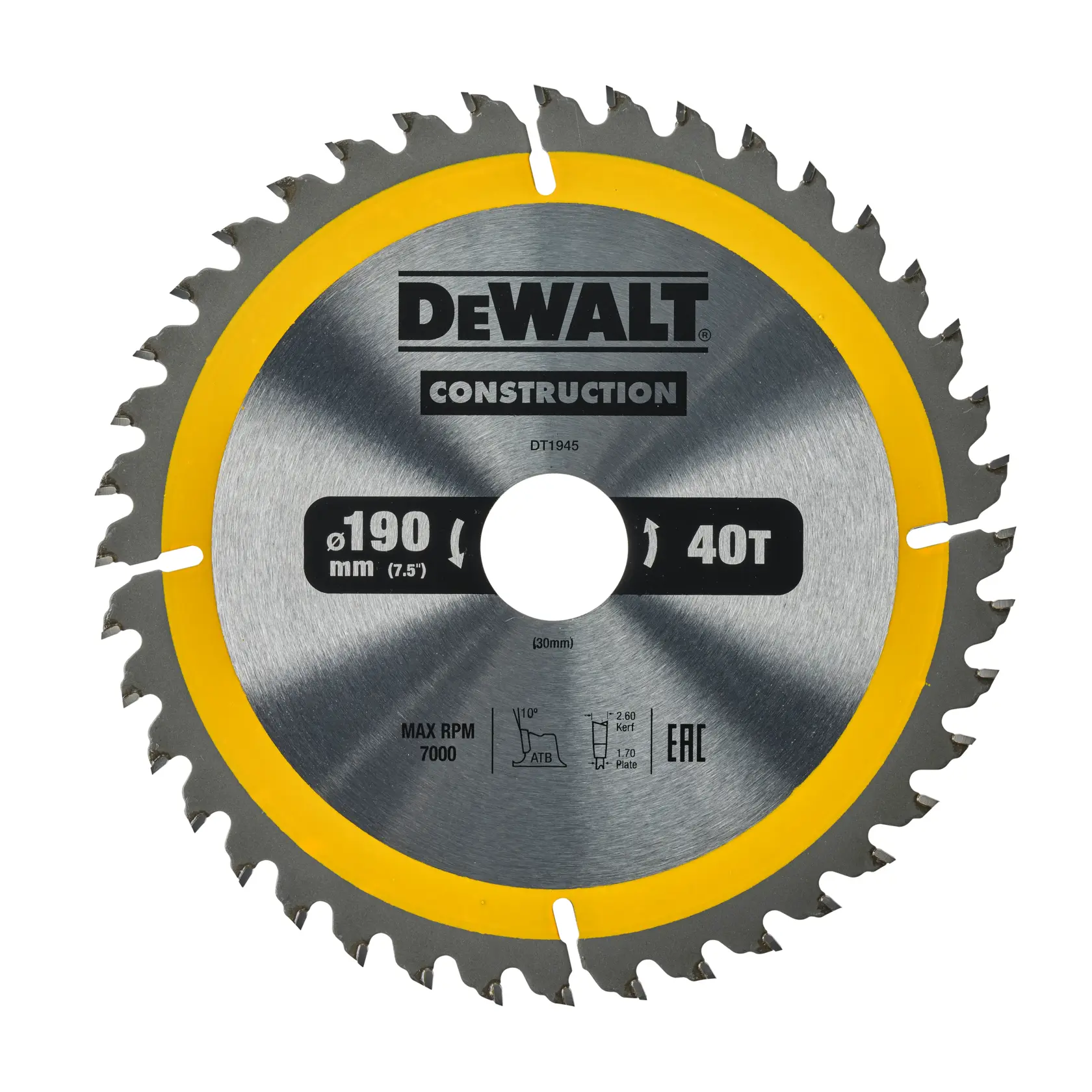 Lame de scie circulaire DEWALT DT1945, 190mm, 40 dents, bord jaune, usage construction.