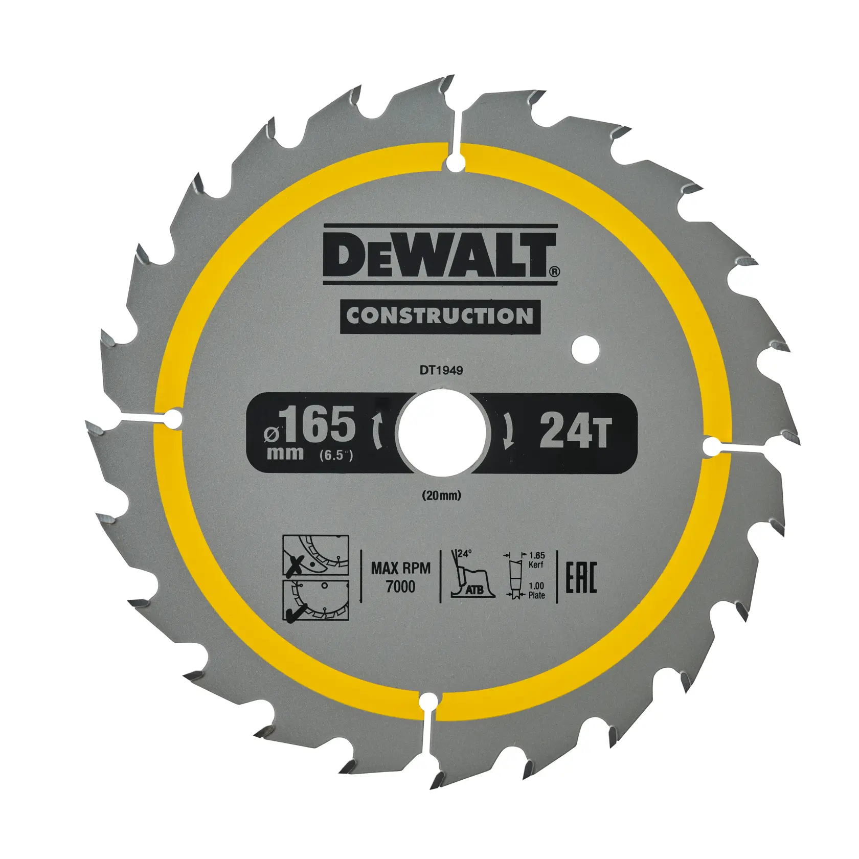 Lame de scie circulaire DEWALT Construction, modèle DT1949, comportant 24 dents et un diamètre de 165 mm. La lame est grise avec un anneau jaune et les spécifications du produit sont imprimées sur la surface.