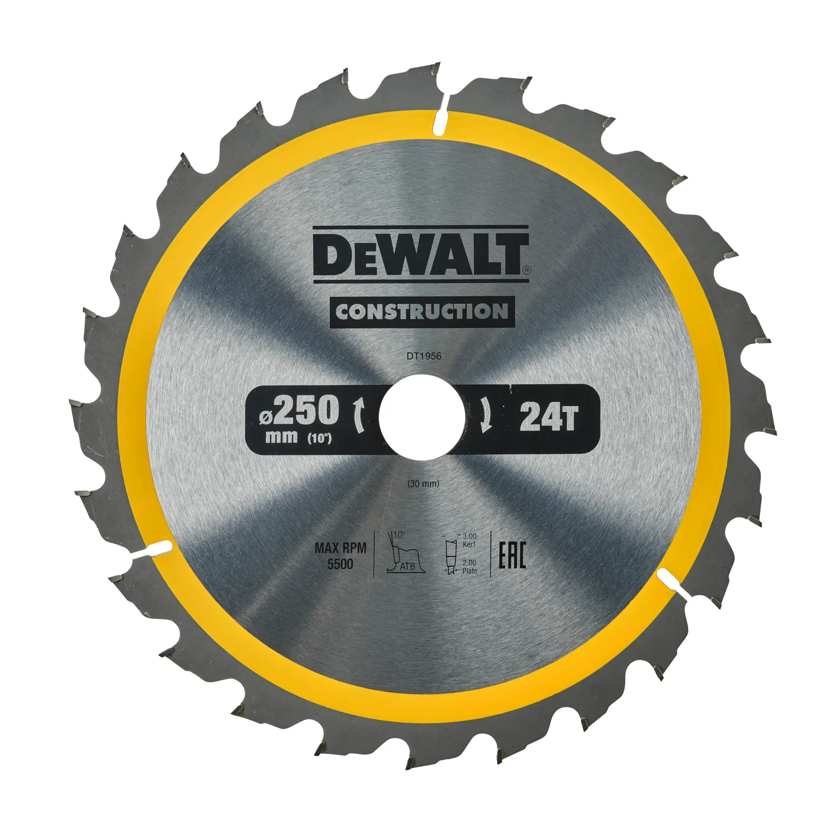 Une lame de scie circulaire de marque DEWALT, modèle DT1956, conçue pour la construction. La lame est métallique avec un bord jaune, possède 24 dents, un diamètre de 250 mm (10 pouces), et d'autres spécifications imprimées sur la lame.