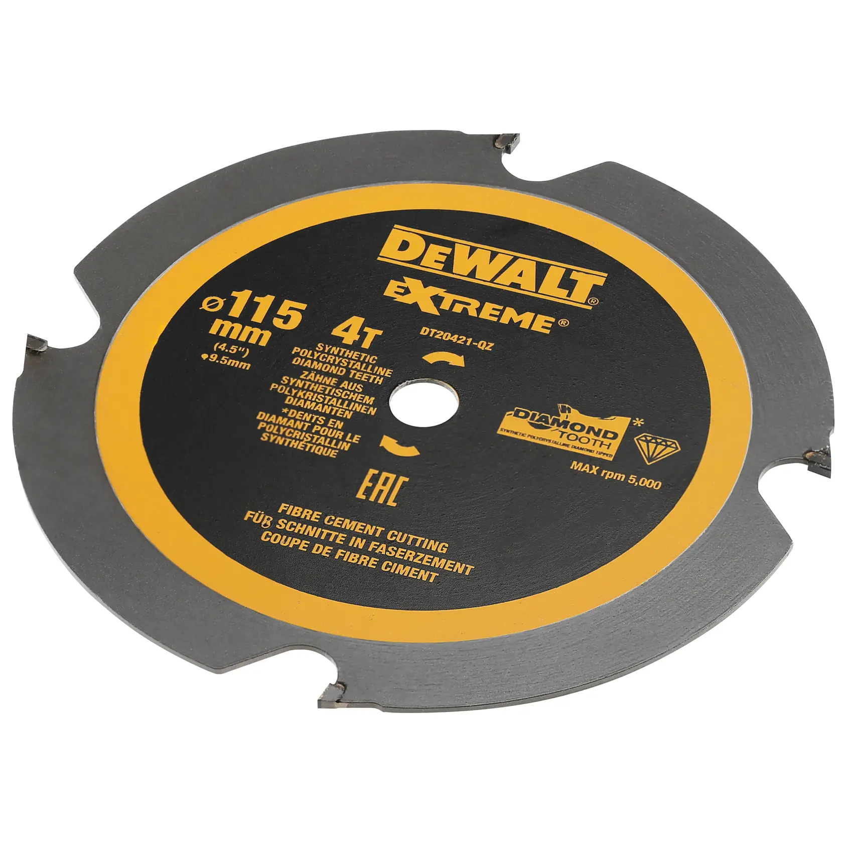 Lame de scie fibre ciment DEWALT DT20421 Extreme, diamètre 115 mm, dents diamant.
