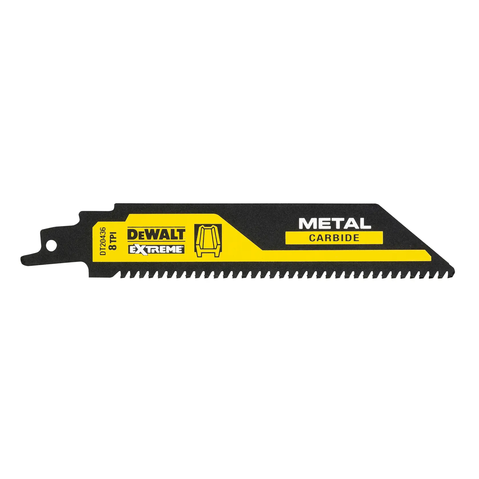 Lame de scie métal au carbure DEWALT DT20436, design noir et jaune, usage extrême indiqué.