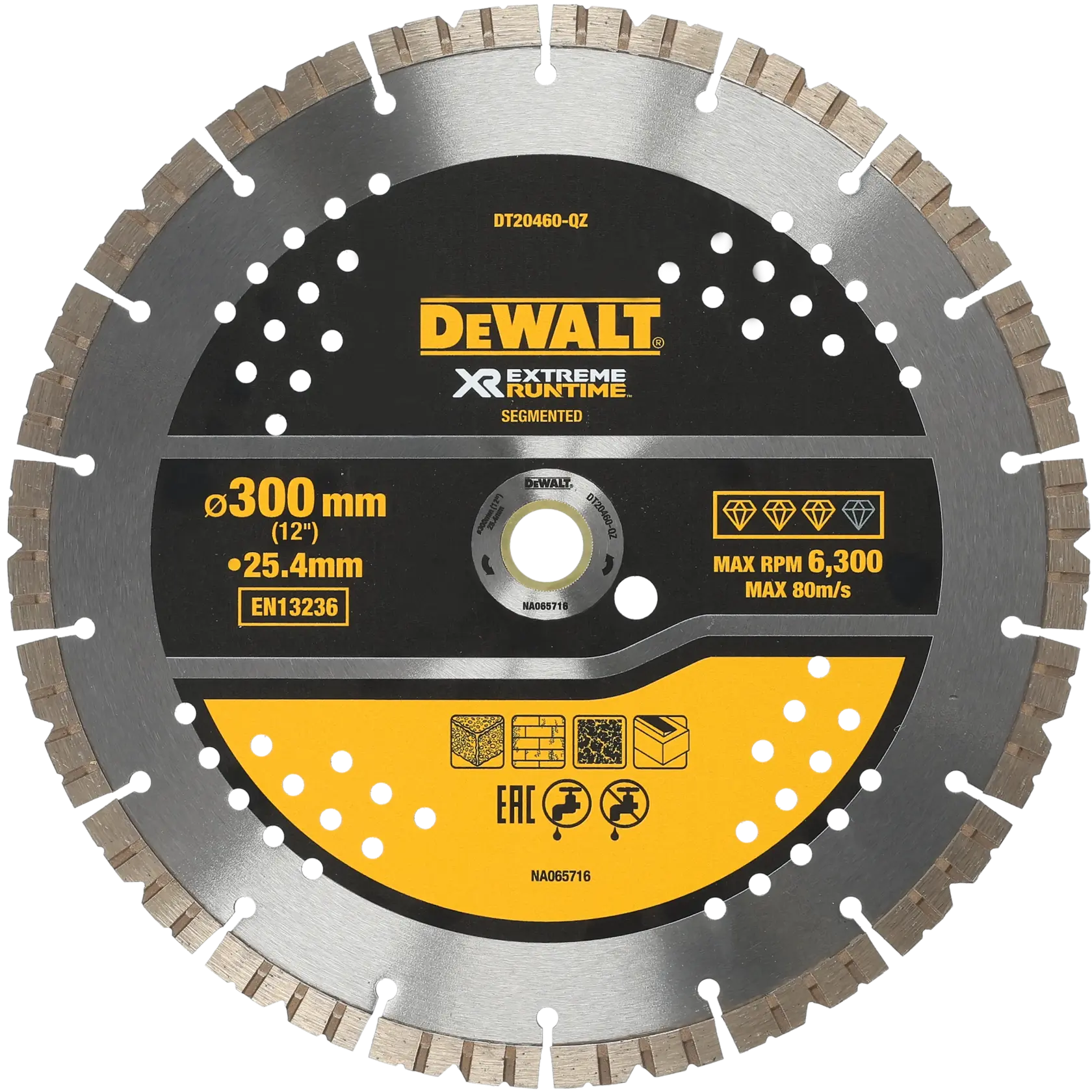 Lame segmentée DEWALT DT20460 de 300mm pour la découpe de maçonnerie, max 6300 tours/min.