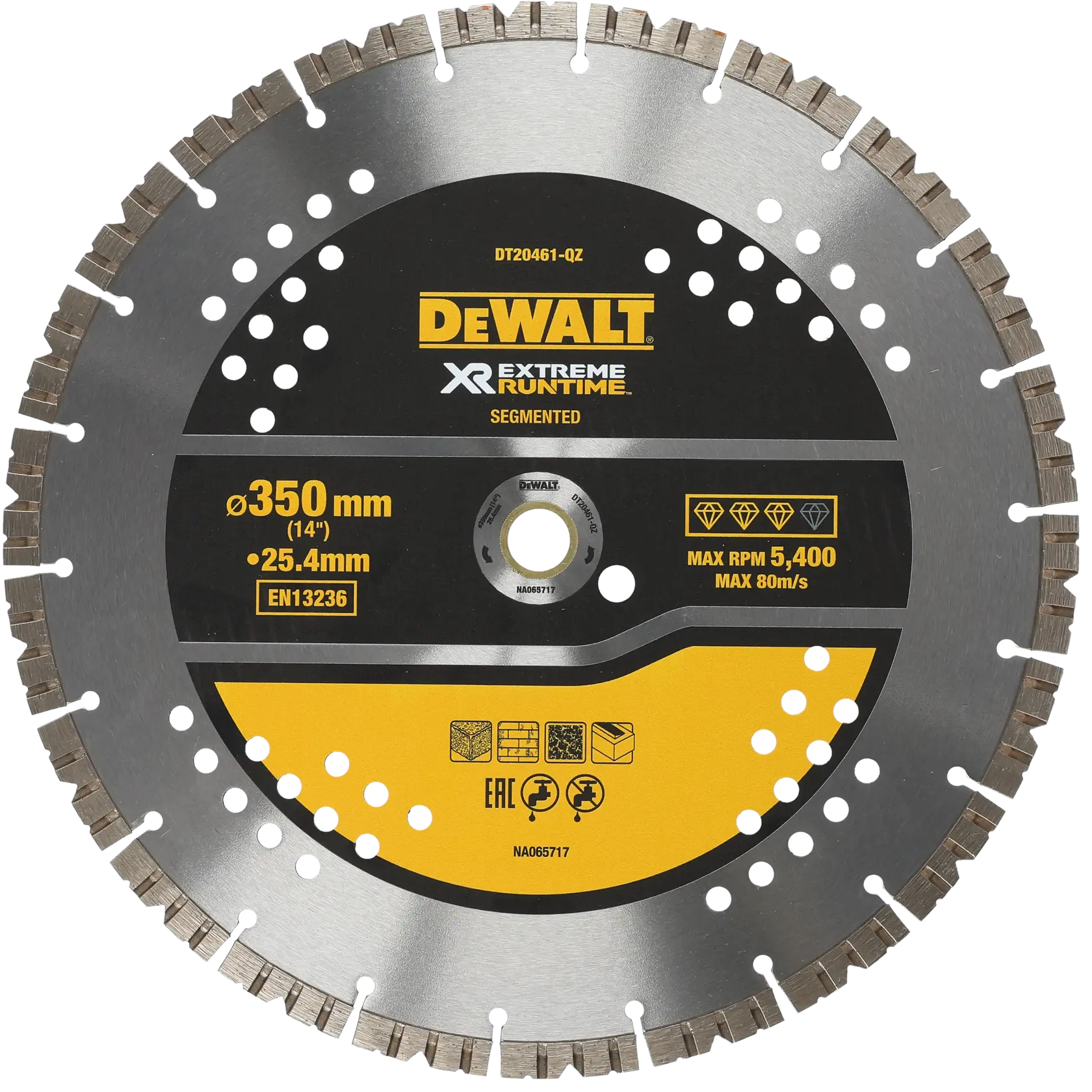Lame de scie diamantée segmentée DEWALT DT20461, diamètre 350mm, étiquette jaune et noire.