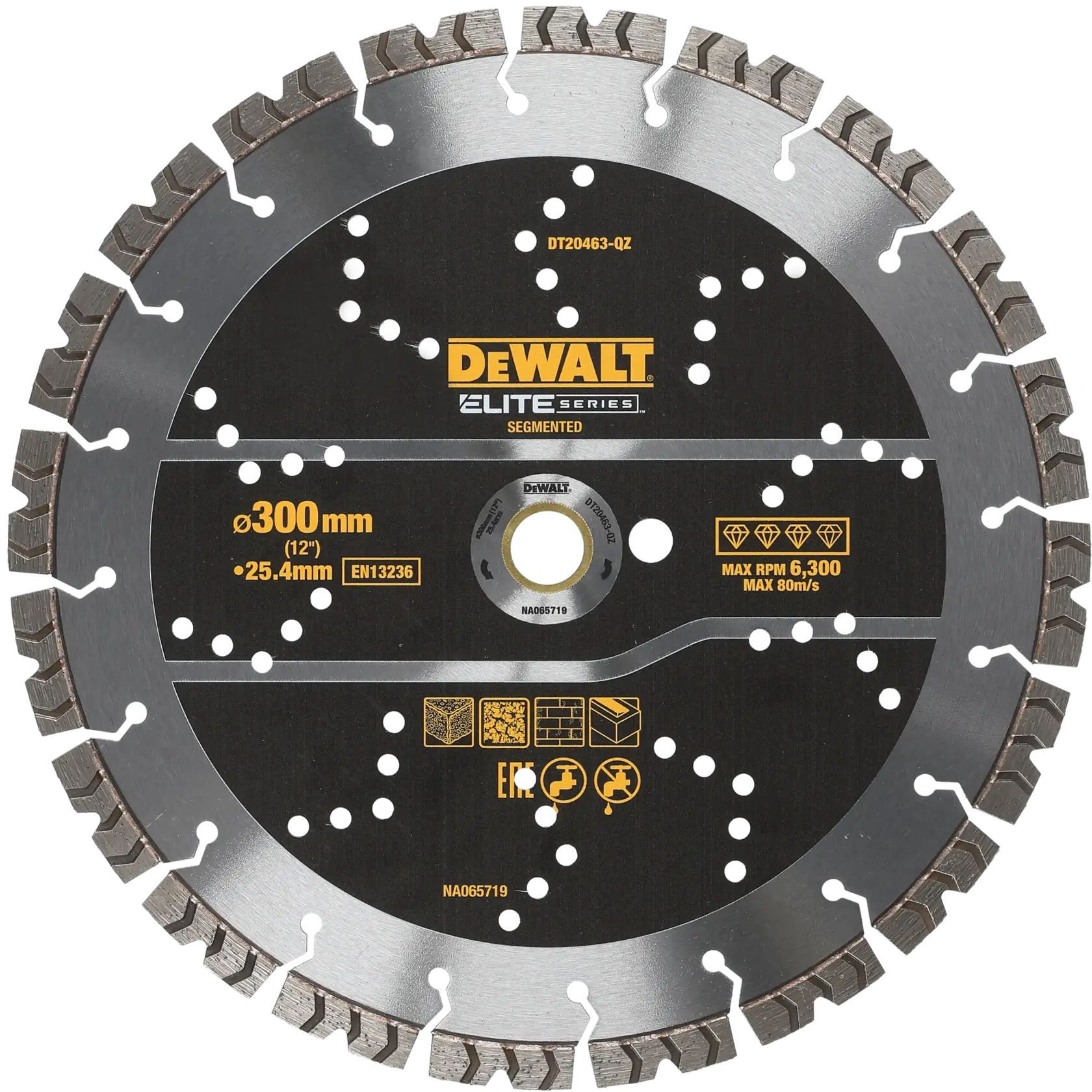 Lame diamantée DEWALT segmentée, 300mm, Elite Series, pour couper, max RPM 6300, SKU DT20463.