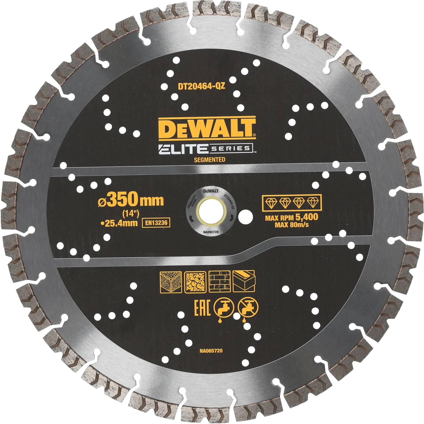 Lame segmentée DEWALT Elite Series de 350mm, pour découpe, avec informations du produit.