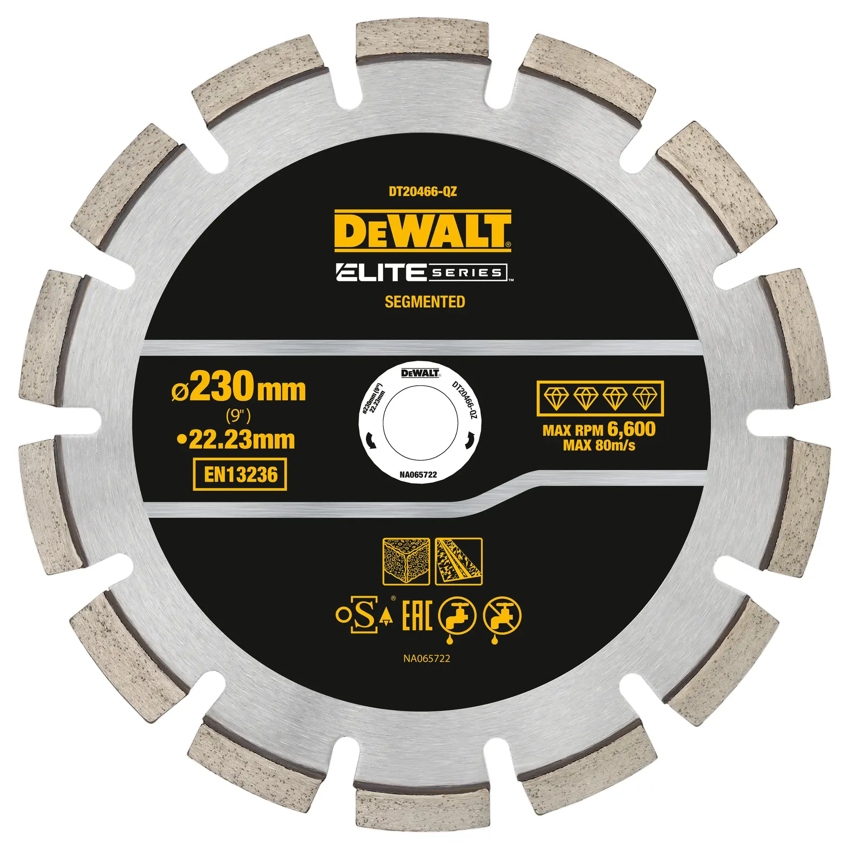 Photo de lame de scie segmentée DEWALT, noire et argent, DT20466-QZ, DT20466, Elite Series, vue avant.