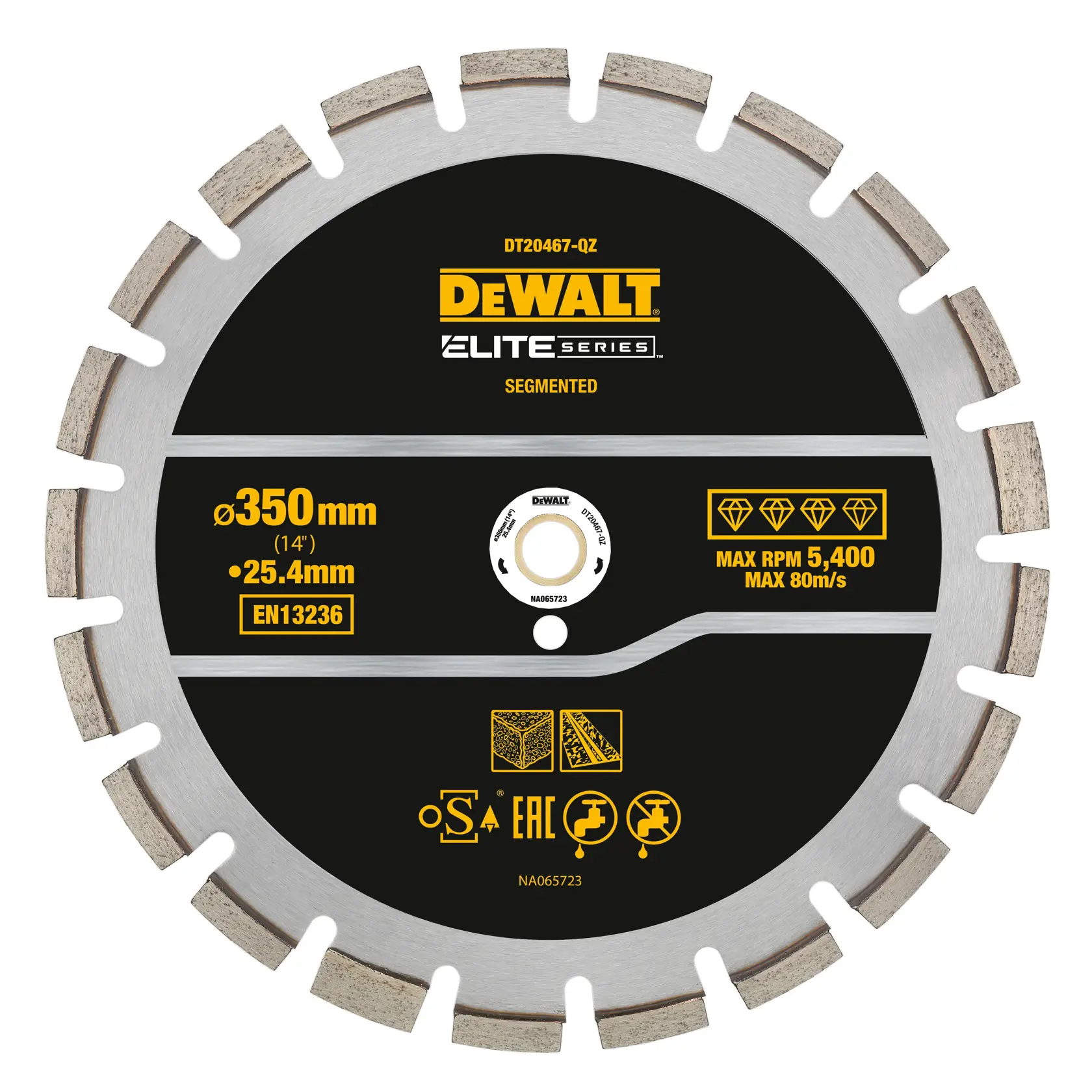 DEWALT DT20467 lame segmentée diamant, diamètre 350mm, pour couper matériaux de construction.