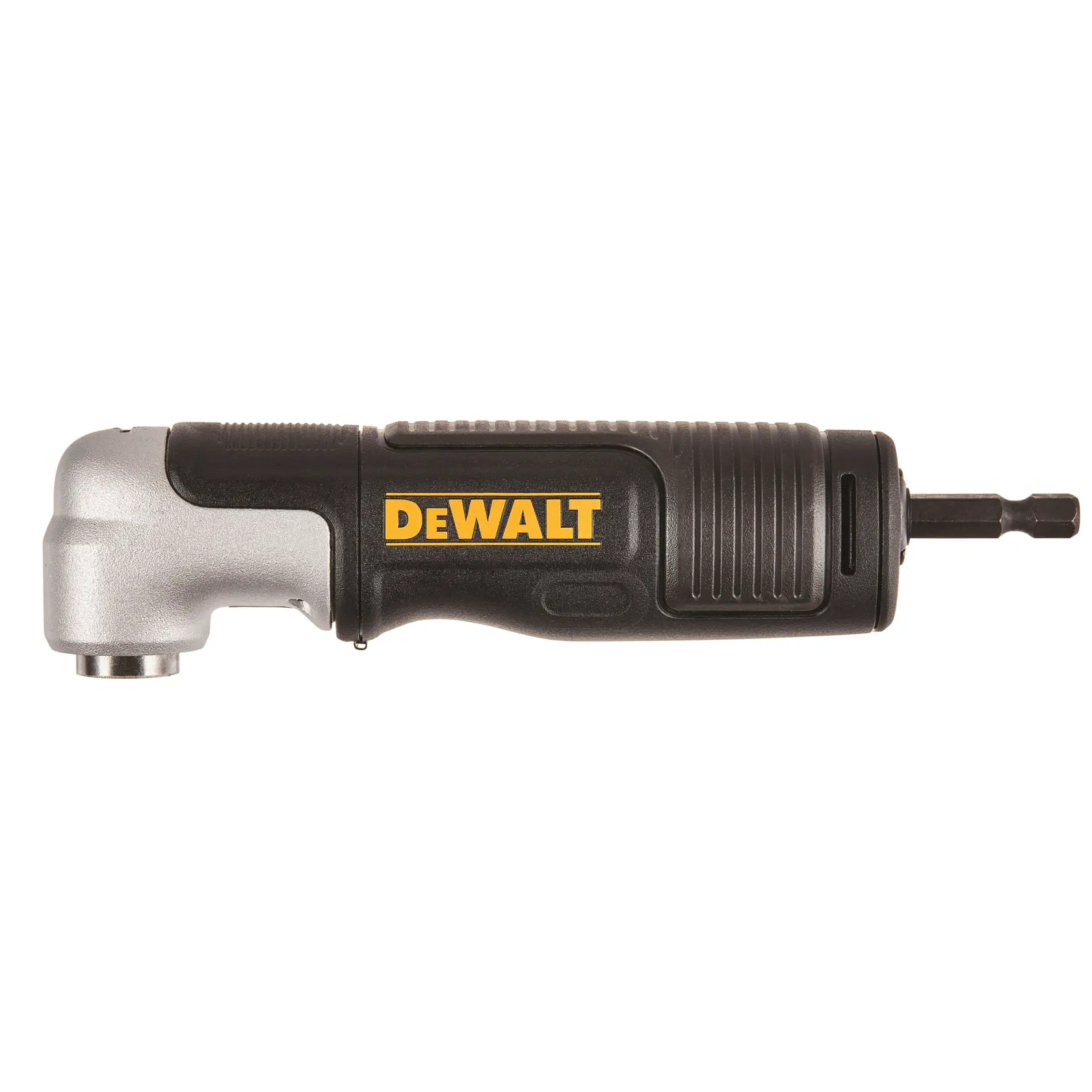 Un accessoire d’angle droit DEWALT pour perceuses, avec un design noir et argent et le logo DEWALT en jaune sur le côté.