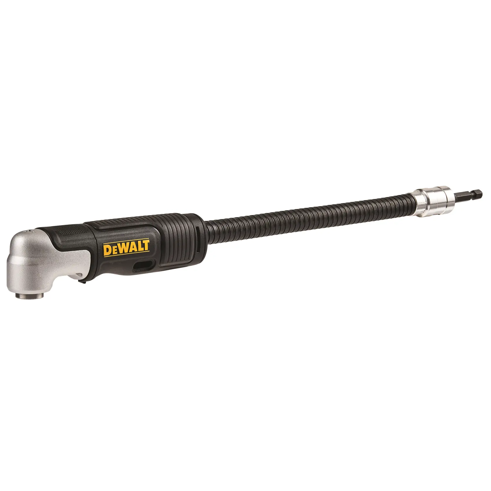Accessoire flexible pour perceuse à angle droit DEWALT avec un long axe flexible noir et une pointe en métal, conçu pour accéder aux espaces étroits ou difficiles d'accès.