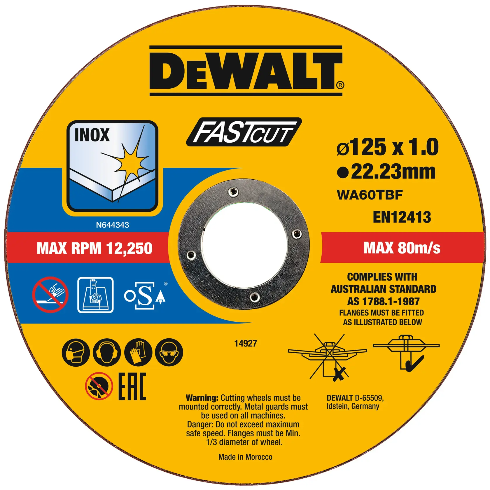 Disque de coupe DEWALT Fastcut avec un diamètre de 125 mm et une épaisseur de 1,0 mm. Ce disque est conçu pour couper l’inox (acier inoxydable) et affiche des informations telles que RPM max 12 250, vitesse max 80 m/s, conformité à EN12413 et à la norme australienne AS 1788.1-1987. Les instructions de sécurité et d’utilisation sont imprimées, avec des symboles d’avertissement et du texte. Le disque est de couleur jaune avec un logo DEWALT noir et est fabriqué au Maroc.