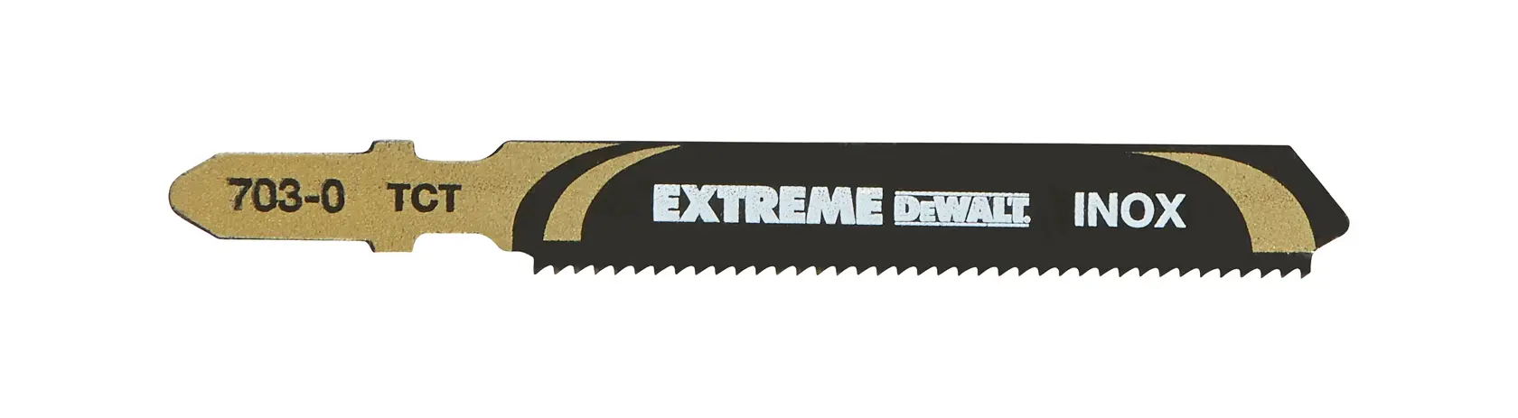 Lame de scie sauteuse DEWALT DT2055 Extreme INOX dorée et noire, conçue pour l’acier inoxydable.