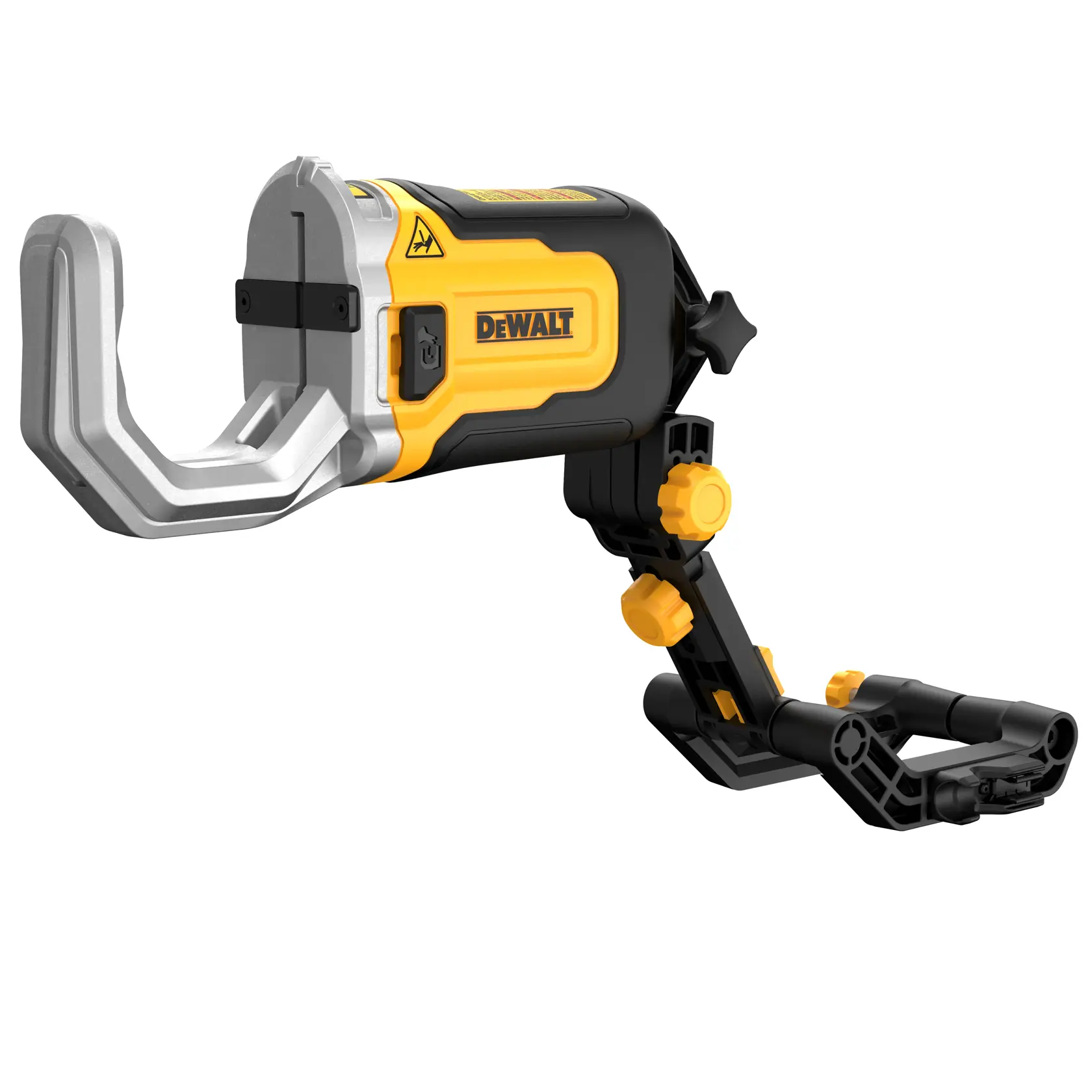 Accesorio de fotografía DEWALT DT20560, con un brazo de montaje ajustable amarillo y negro y una gran abrazadera metálica, diseñado para sujetar objetos de forma segura durante tareas fotográficas.