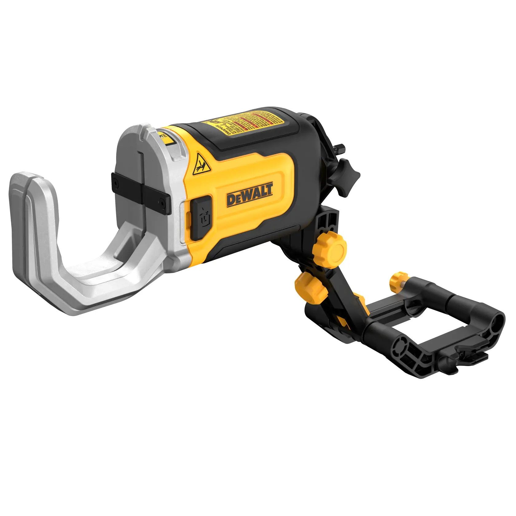Accesorio de fotografía DEWALT DT20560 con una abrazadera de brazos ajustables, diseño negro y amarillo, producto mostrado sobre fondo blanco.
