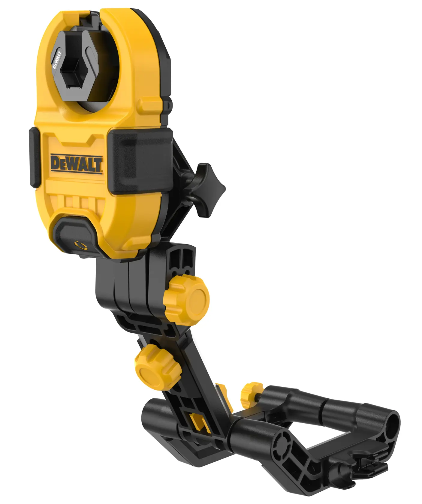 Soporte ajustable DEWALT para cámara en amarillo y negro, diseñado para fotografía con varias articulaciones.