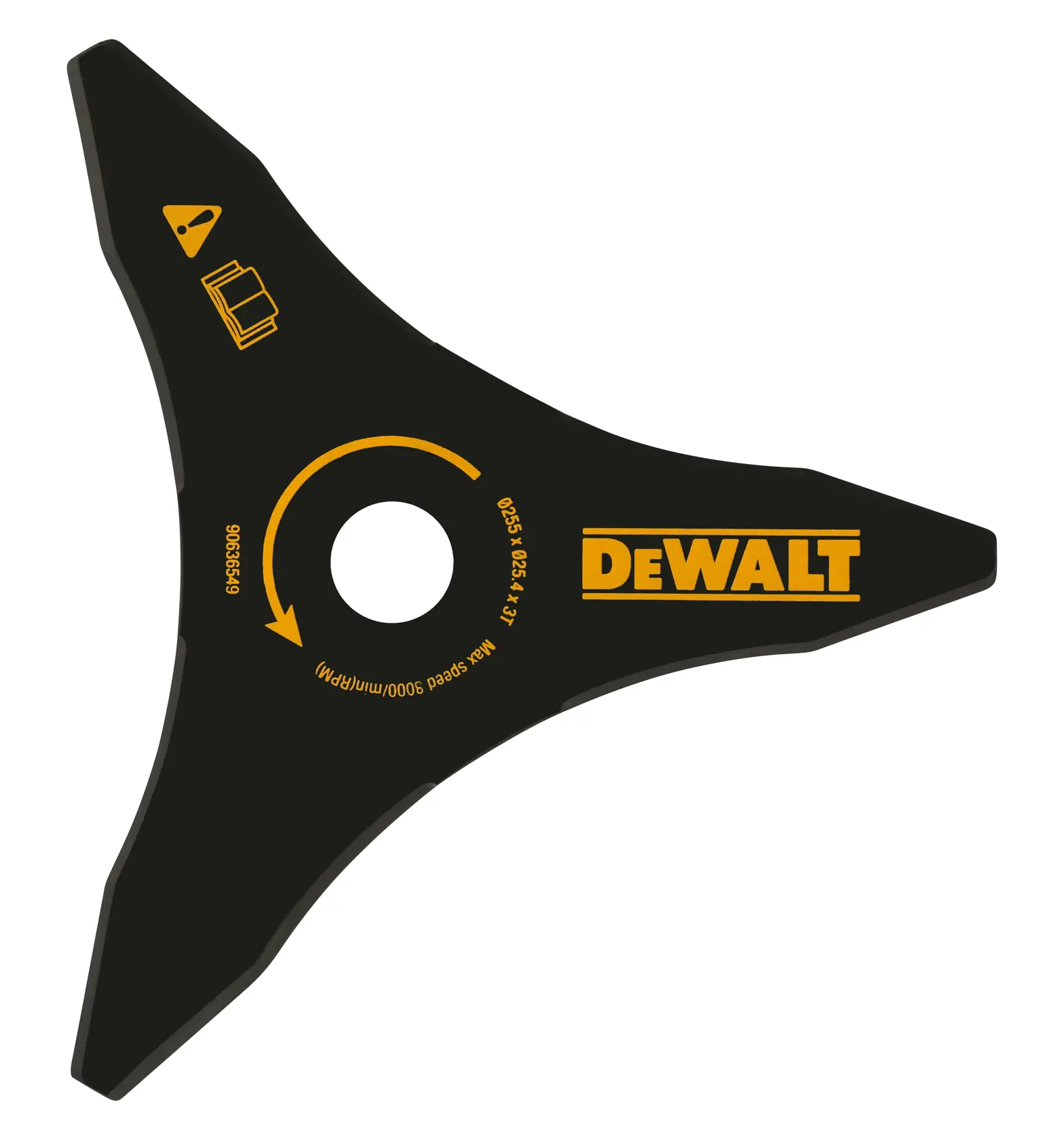 Lame noire à trois dents DEWALT DT20653 pour débroussailleuses, avec logo et marquages jaunes.