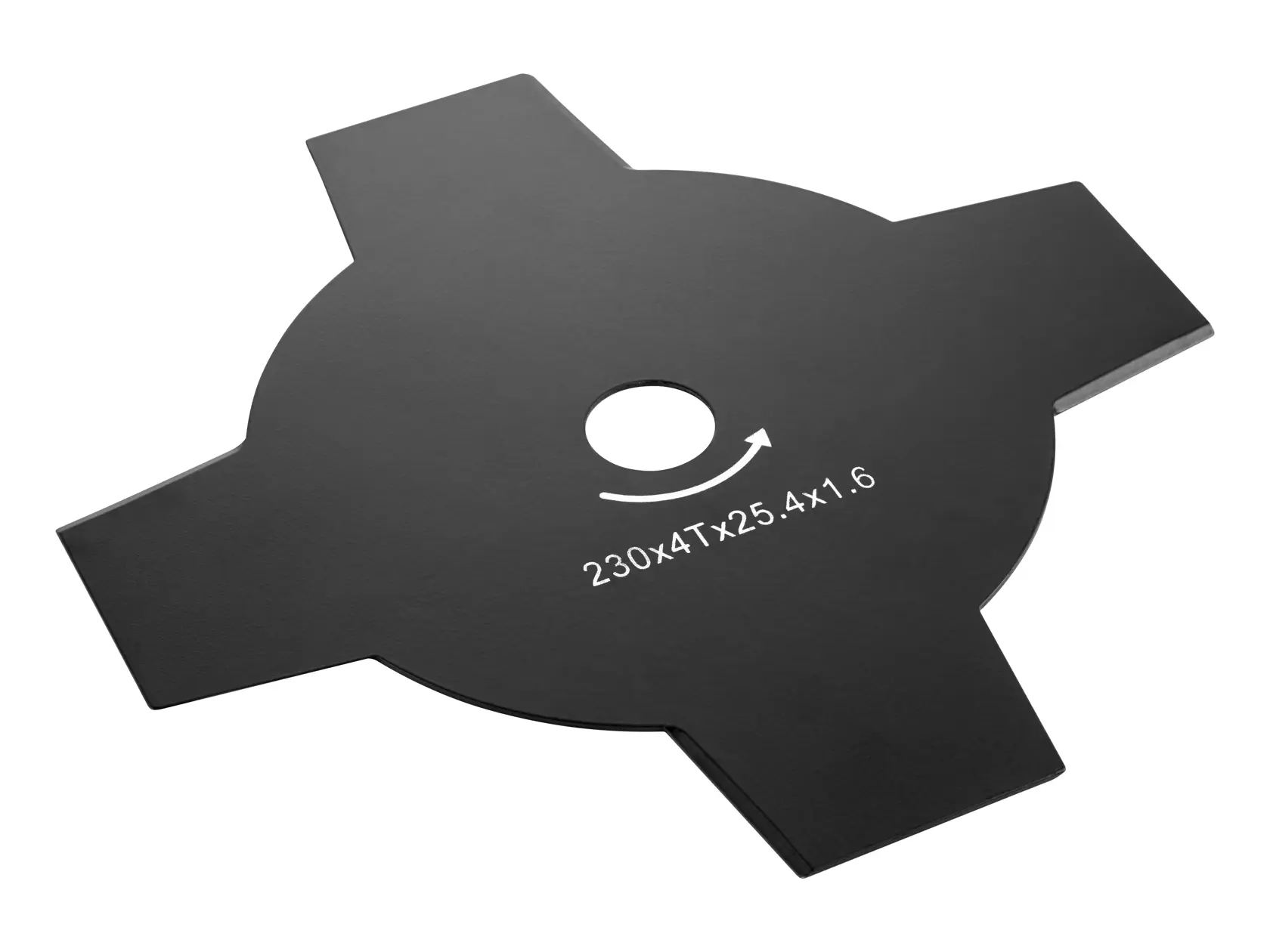 Lame noire DEWALT DT20655 à quatre côtés pour débroussailleuse, avec trou central et marquage.