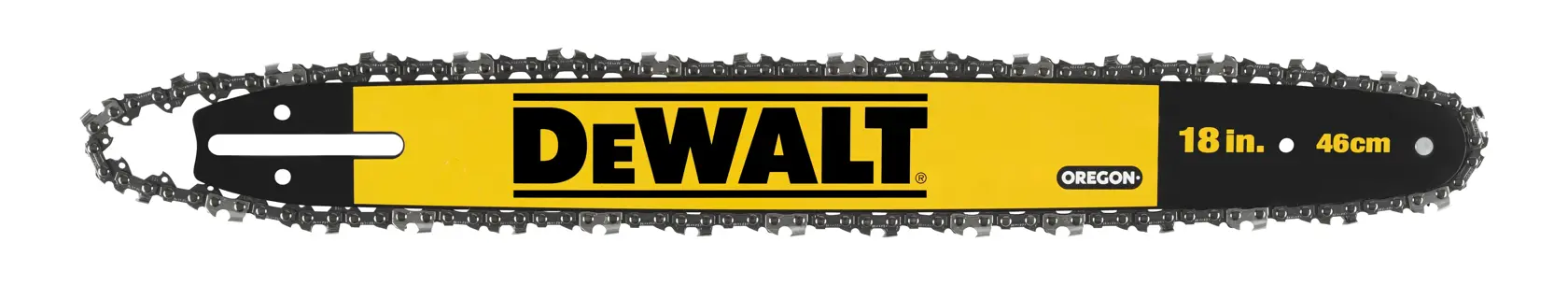 Guide-chaîne et chaîne DEWALT 18 pouces, jaune et noir, pour couper du bois.