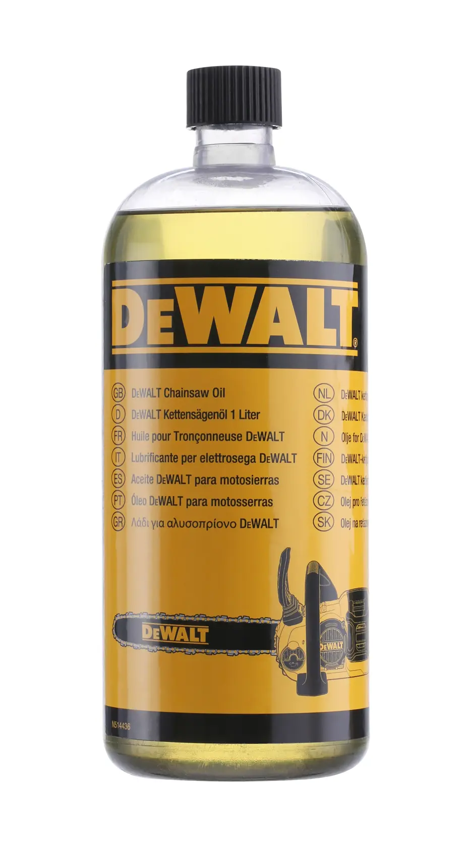 Une bouteille transparente d'huile pour tronçonneuse DEWALT avec un bouchon à vis noir. L'étiquette jaune et noire affiche le logo DEWALT et les informations sur le produit en plusieurs langues.