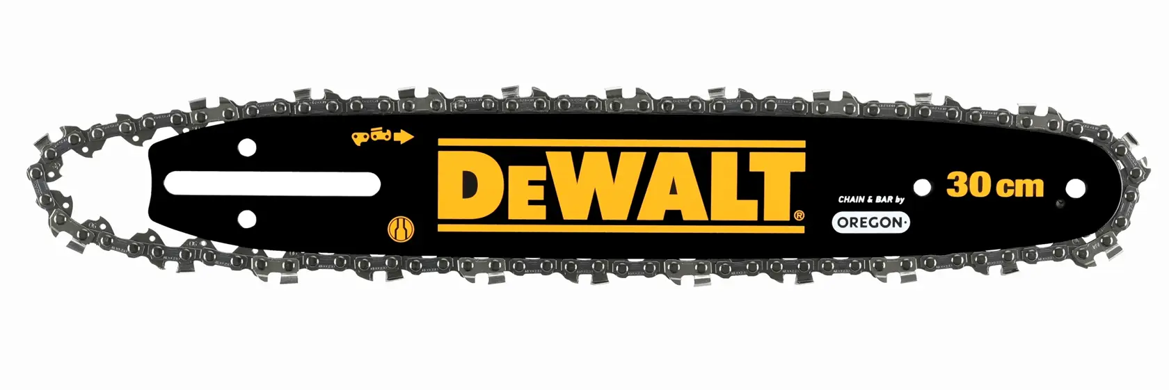 Guide-chaîne DEWALT 30cm avec chaîne, noir logo jaune, pour couper le bois.