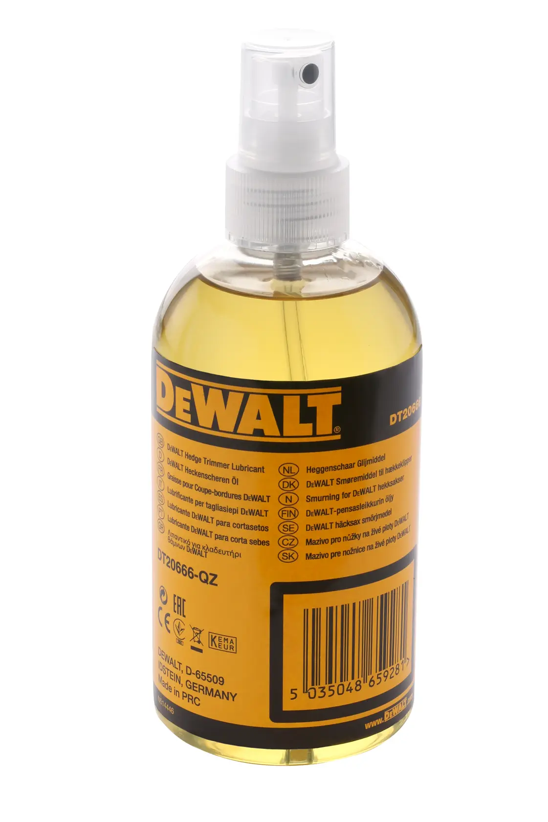 Photo DEWALT spray lubrifiant taille-haies, étiquette jaune, SKUs DT20666 et DT20666-QZ, fond blanc.