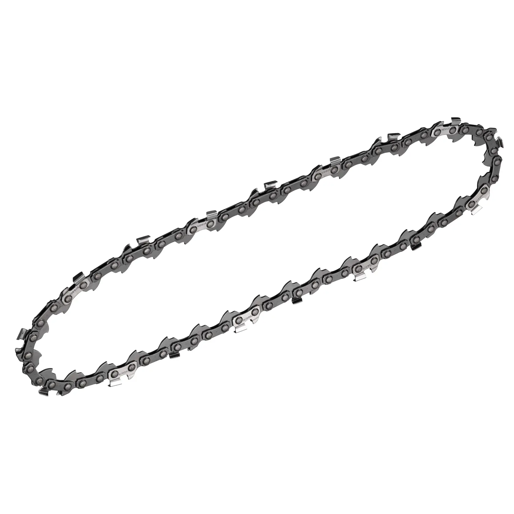 Une chaîne de tronçonneuse de rechange DEWALT, présentée en boucle elliptique, avec des maillons de coupe en métal tranchants.