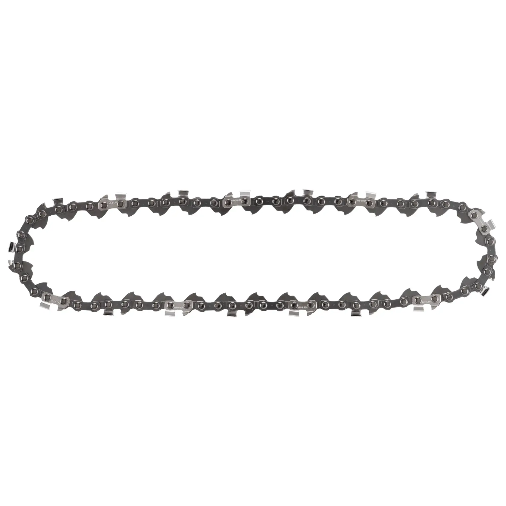 Une chaîne de tronçonneuse de rechange avec des dents de coupe tranchantes, conçue pour être utilisée avec des tronçonneuses DEWALT, présentée sur un fond blanc.