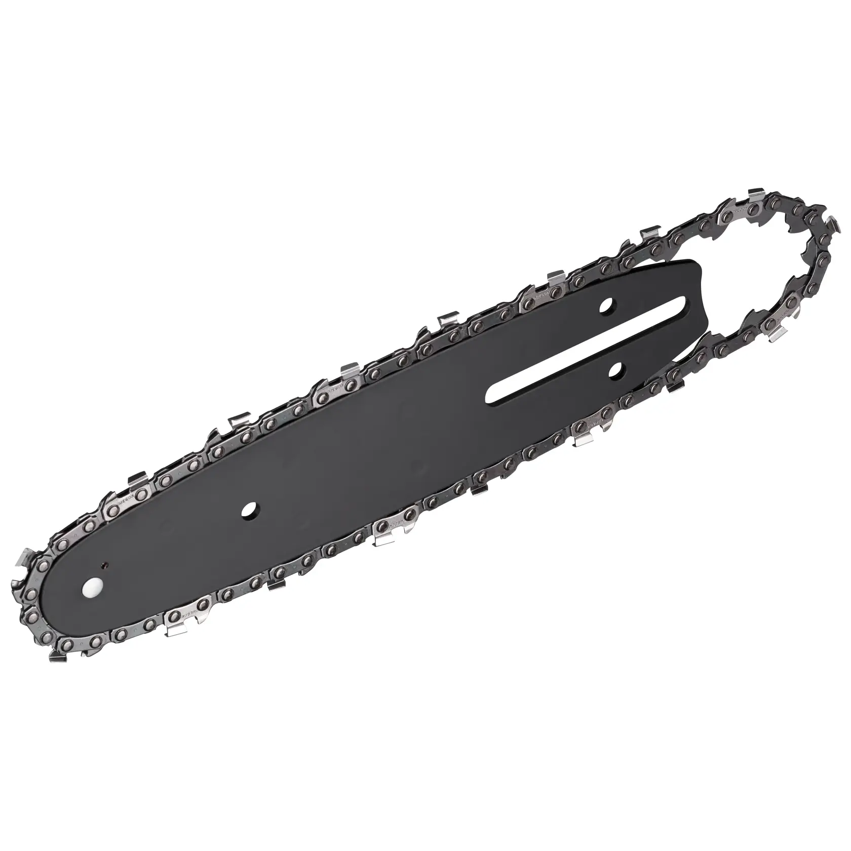 Image en gros plan d'un guide-chaîne DEWALT avec une chaîne attachée, présenté sur un fond blanc.