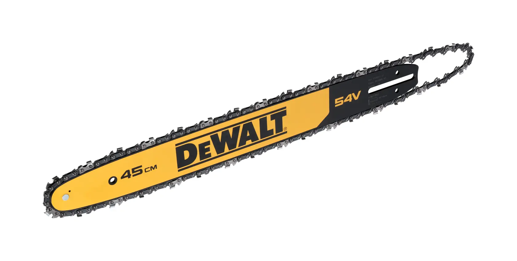 Guide-chaîne DEWALT 45 cm avec chaîne, design jaune et noir, adapté aux modèles 54V.