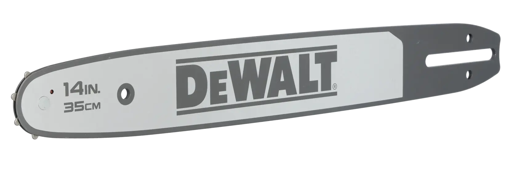 DEWALT 14-Zoll (35cm) Kettensägenleiste, grau mit Logo und Größenangabe.