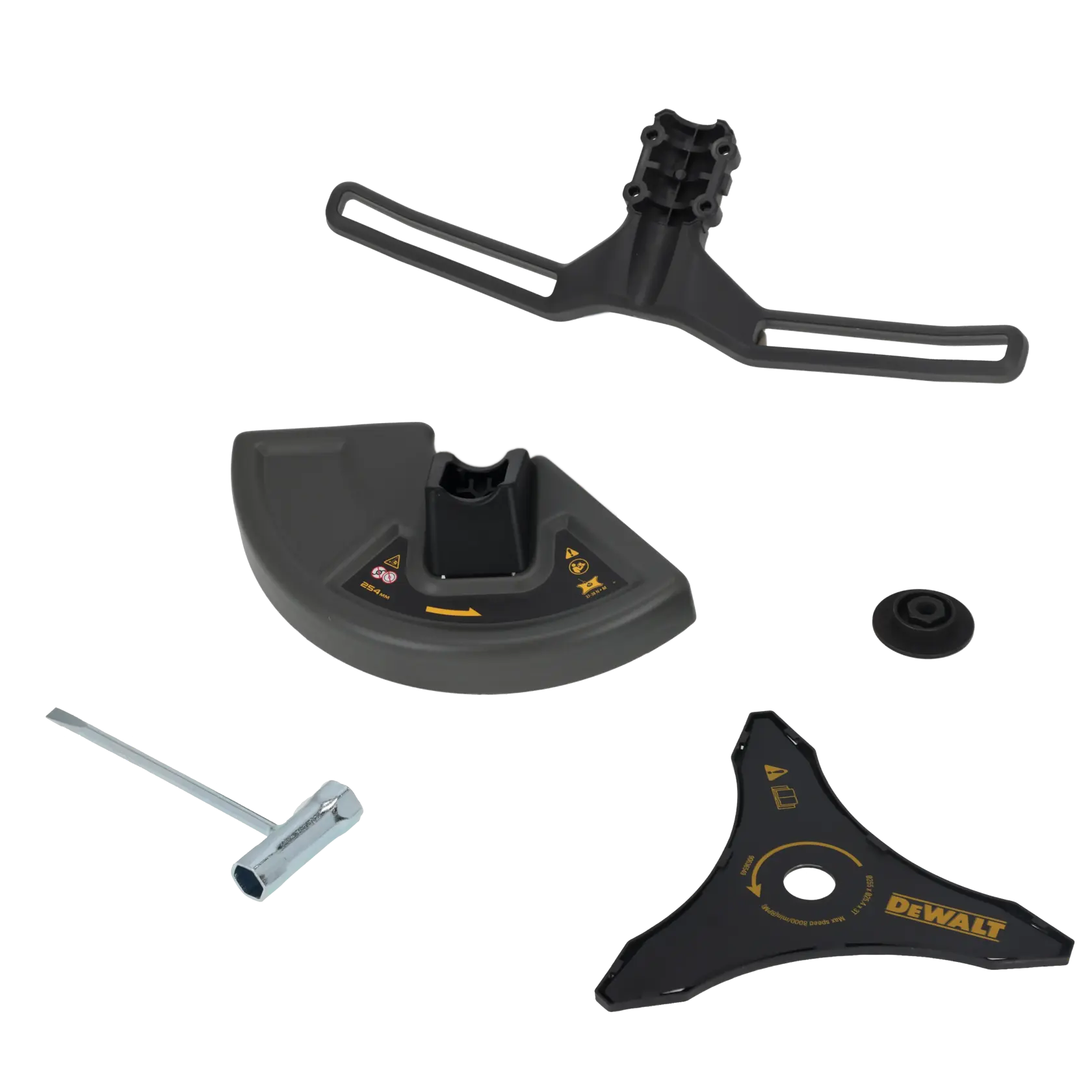 Kit DEWALT photo, DT20904-QZ et DT20904, guard, clé, lame et bouton inclus.