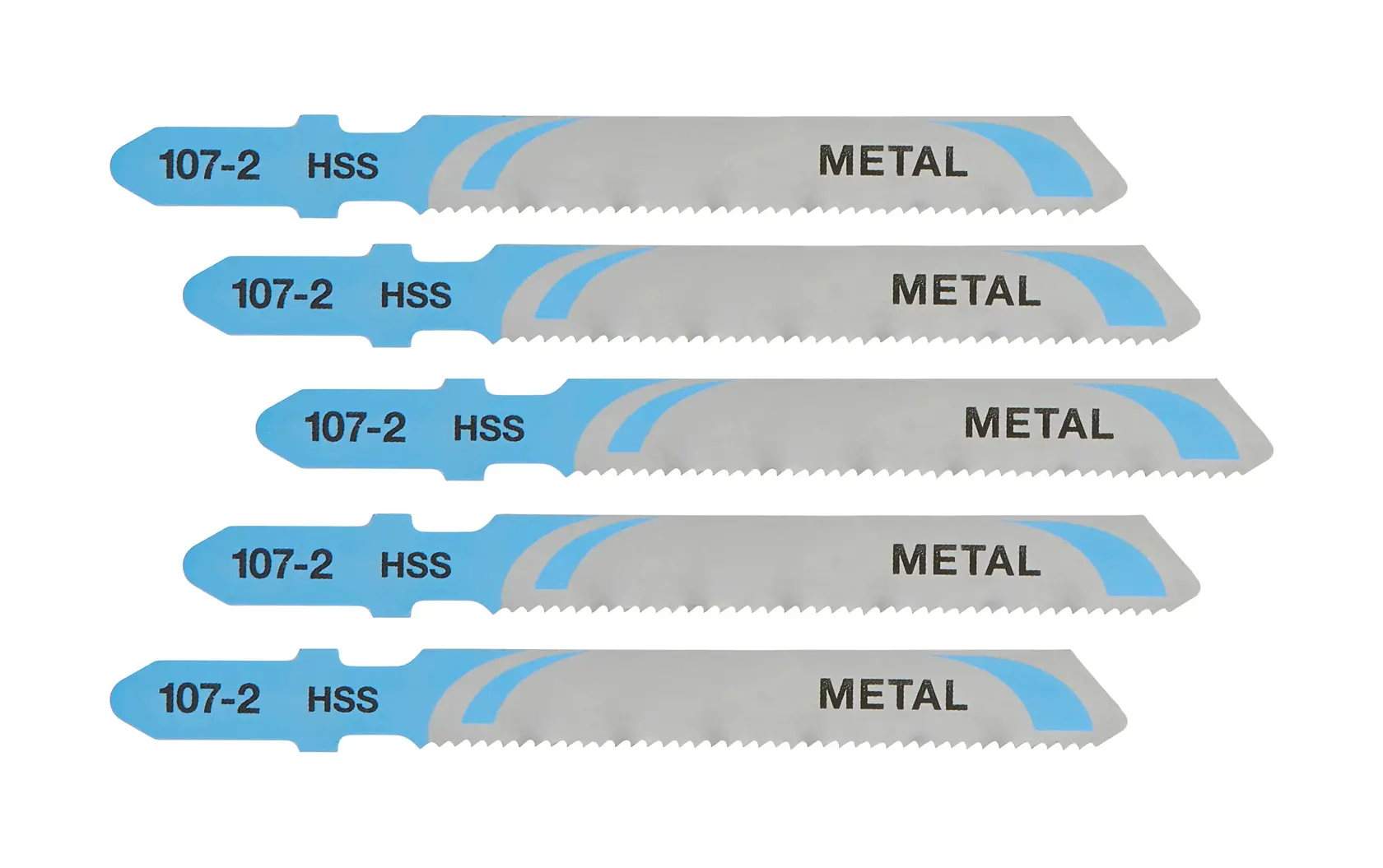 Cinq lames de scie sauteuse pour la coupe du métal portant l'inscription '107-2 HSS METAL' sont alignées en rangée. Les lames sont bleu et argent avec des dents fines.