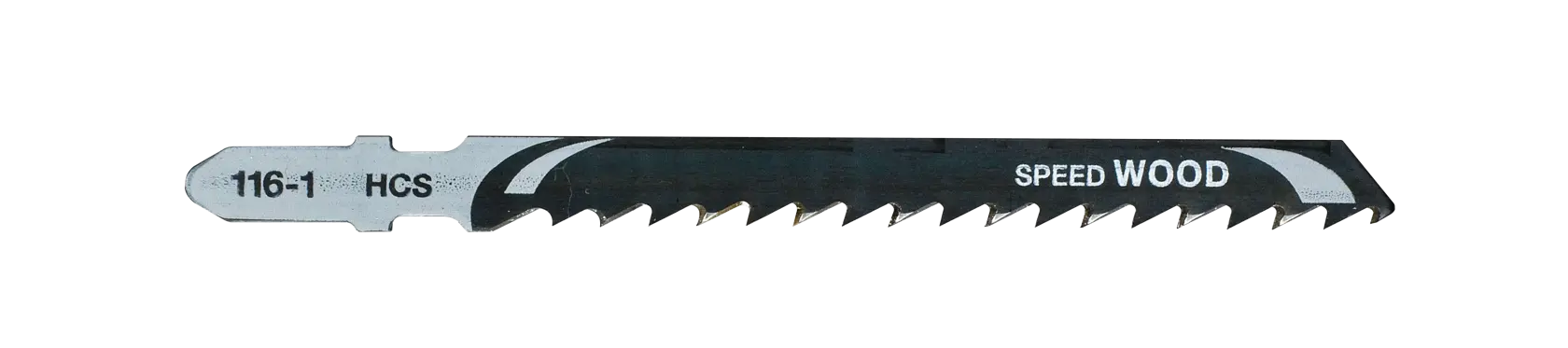 Une lame de scie sauteuse DEWALT DT2166 pour couper le bois, présentée sur un fond blanc. La lame comporte des dents angulaires et acérées et est marquée '116-1 HCS' et 'Speed Wood'.