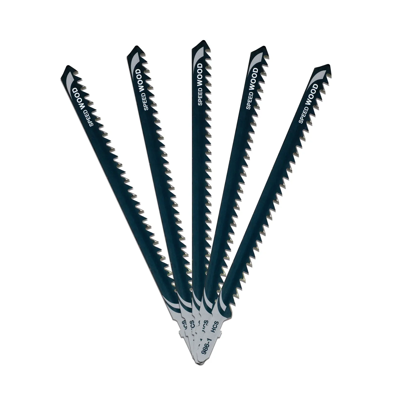 Un ensemble de cinq lames de scie sauteuse DEWALT disposées en forme d'éventail. Les lames sont noires avec des dents tranchantes et portent la mention 'Speed Wood', conçues pour couper le bois.