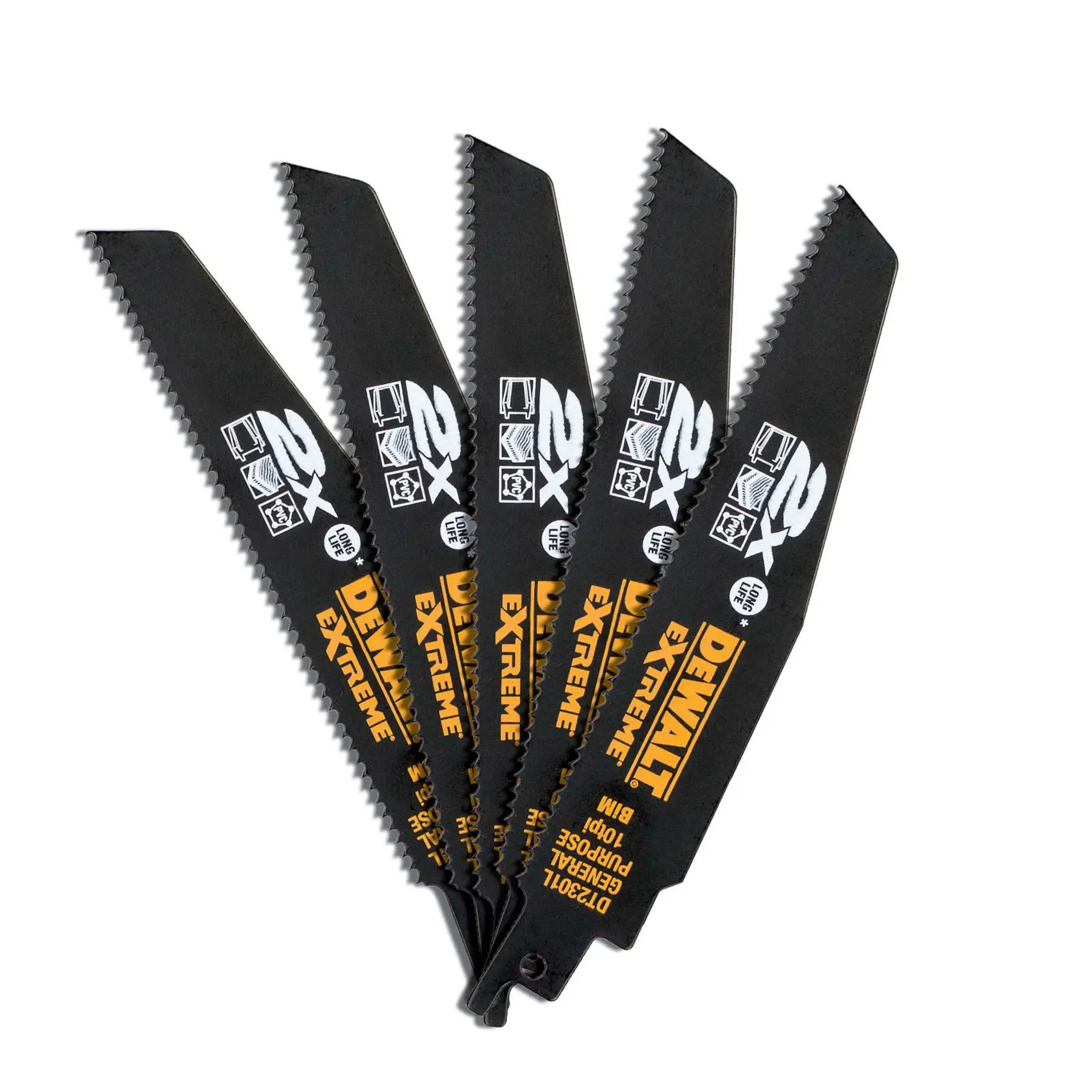 Cinq lames de scie sabre DEWALT DT2301L en éventail, noires avec texte jaune, étiquetées Extreme, usage général.