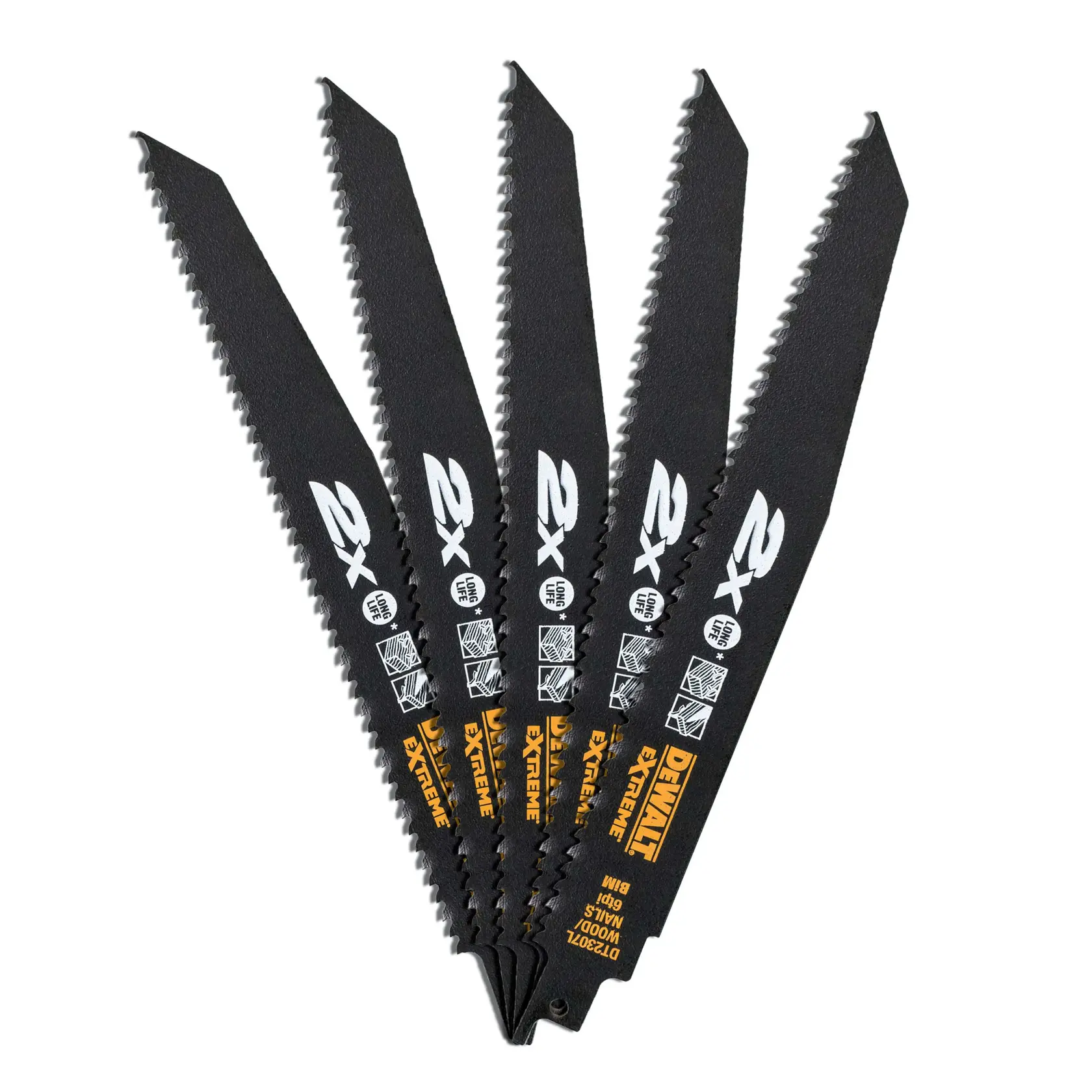 Cinq lames de scie sabre DEWALT noires, dents aiguës, extrême durabilité, pour découpe de métal.