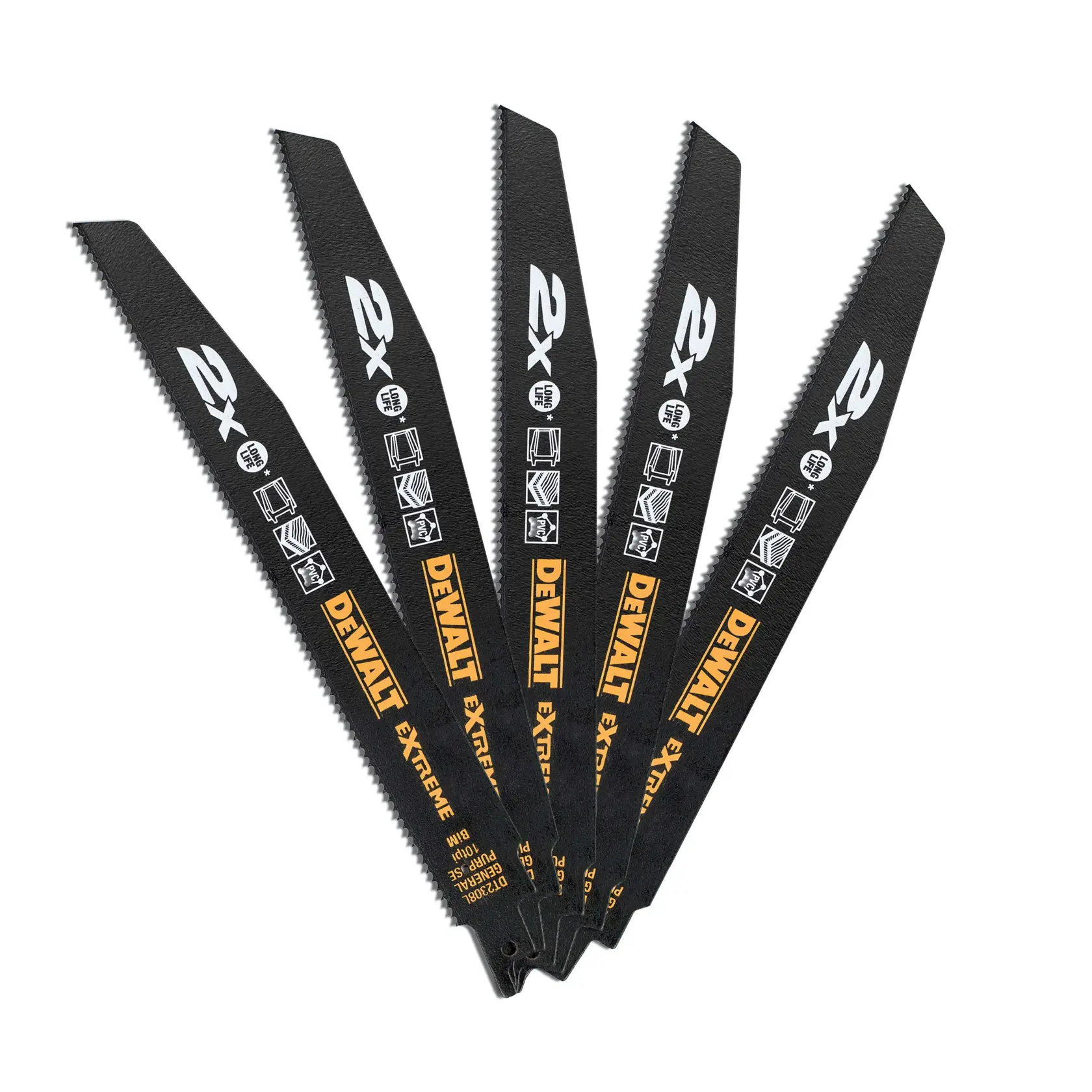 Cinq lames de scie DEWALT DT2308L noires, texte jaune et blanc, adaptées à la coupe extrême.
