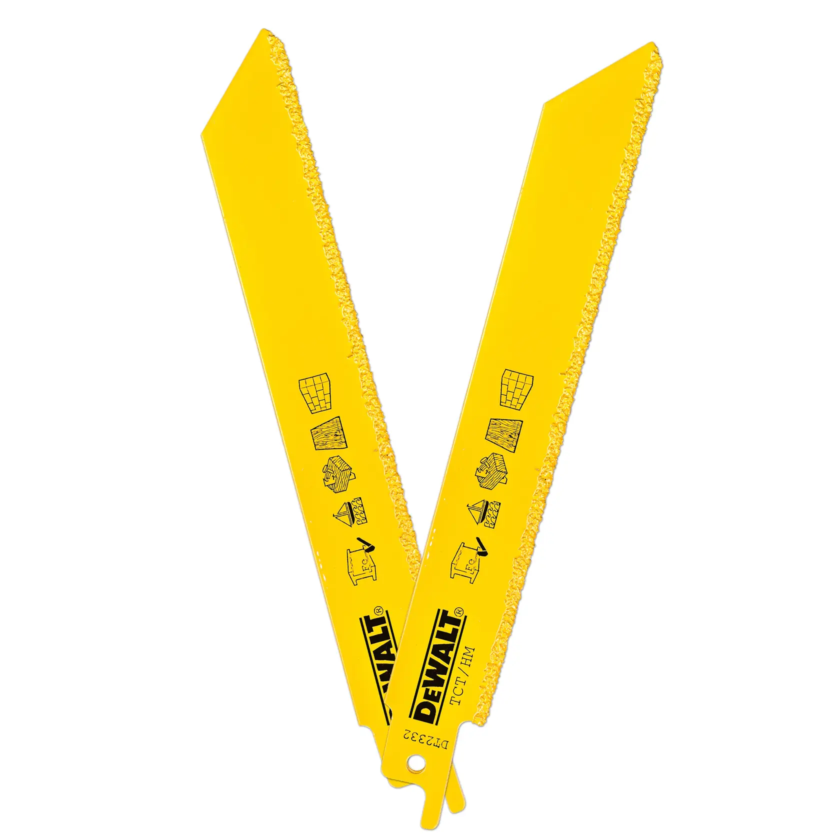 Deux lames de scie sabre DEWALT DT2332 jaunes avec bords abrasifs et icônes de matériaux.