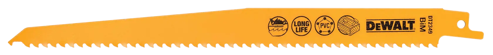 Lame de scie sabre jaune DEWALT DT2349 pour bois, PVC et métal, avec icônes de longue durée imprimées.