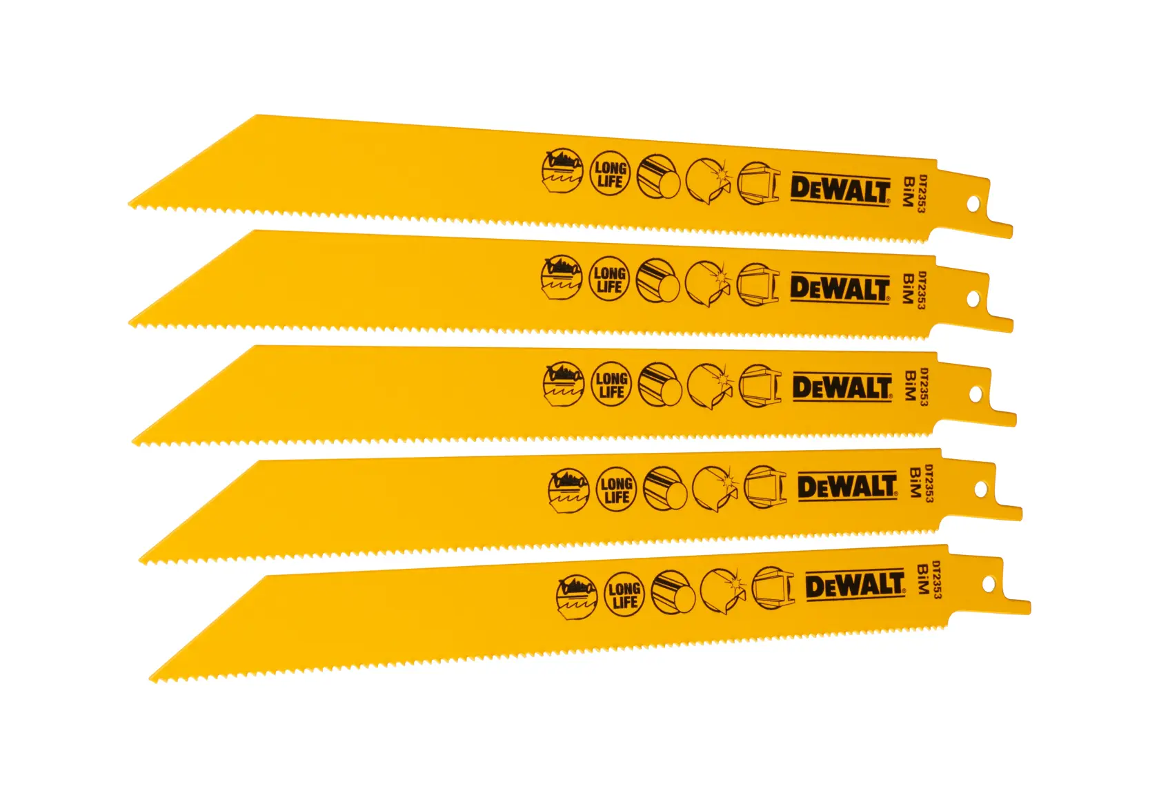 Cinq lames de scie sabre jaunes DEWALT DT2353 disposées en éventail sur un fond blanc. Les lames présentent des dents fines et sont étiquetées avec des icônes et du texte indiquant une longue durée de vie et la compatibilité des matériaux.