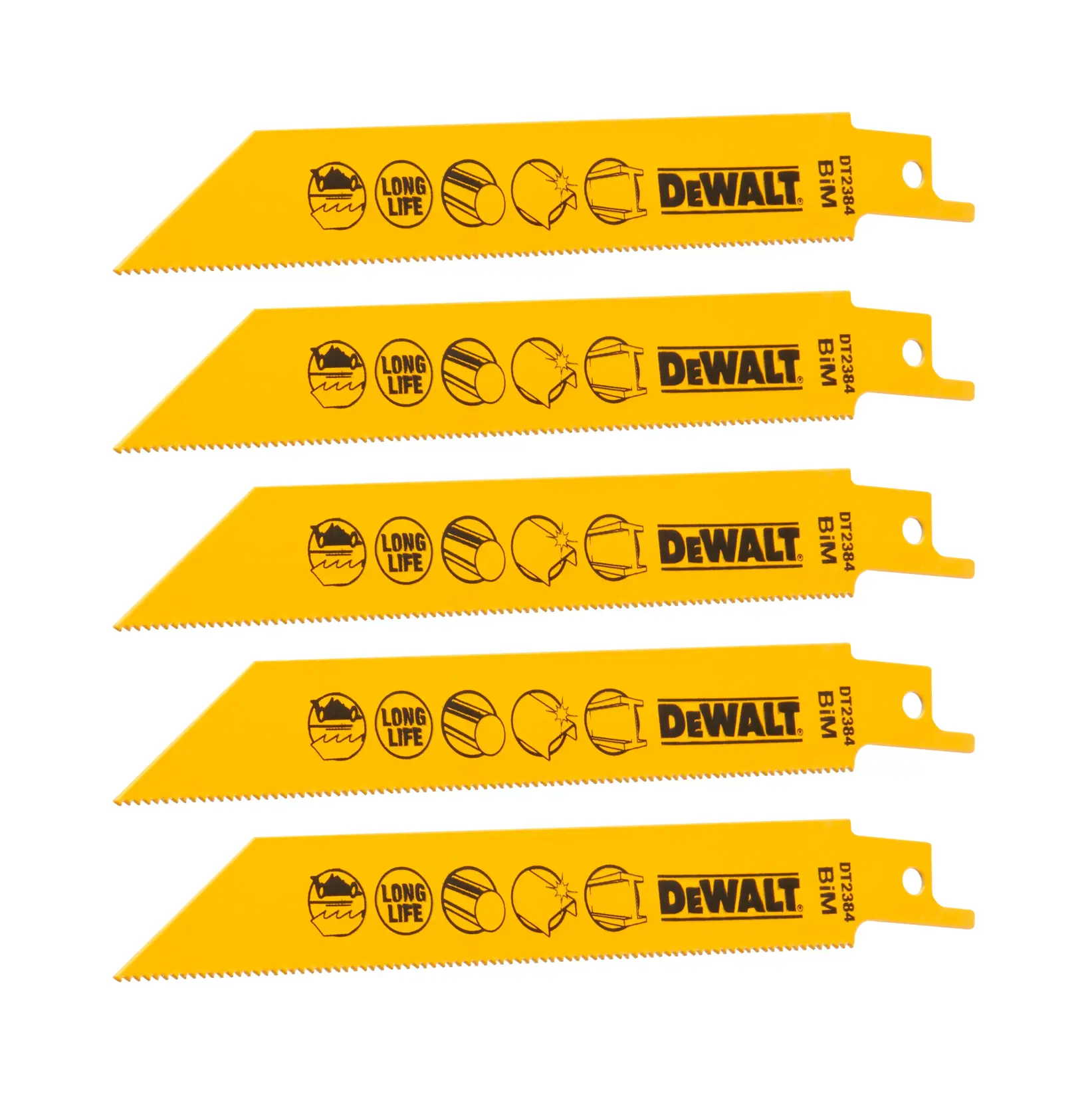 Quatre lames de scie DEWALT DT2384 jaunes alignées, avec icônes et détails du produit imprimés.