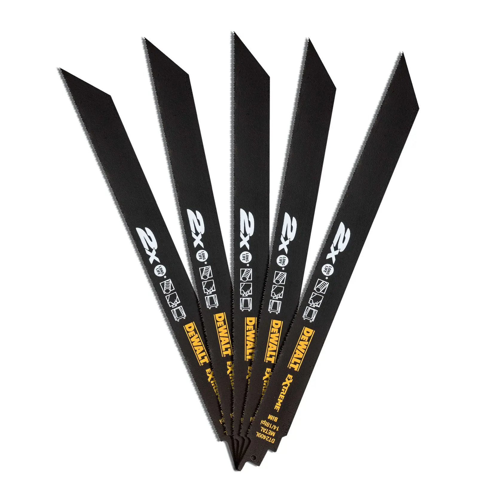 Cinq lames de scie sauteuse DEWALT noires disposées en éventail.