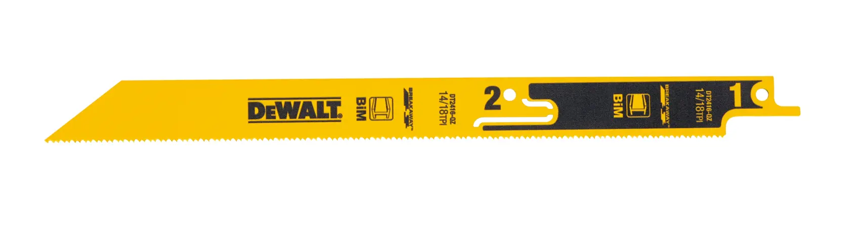 Lame de scie sabre jaune DEWALT DT2416 pour bois et métal, mince et dentée.