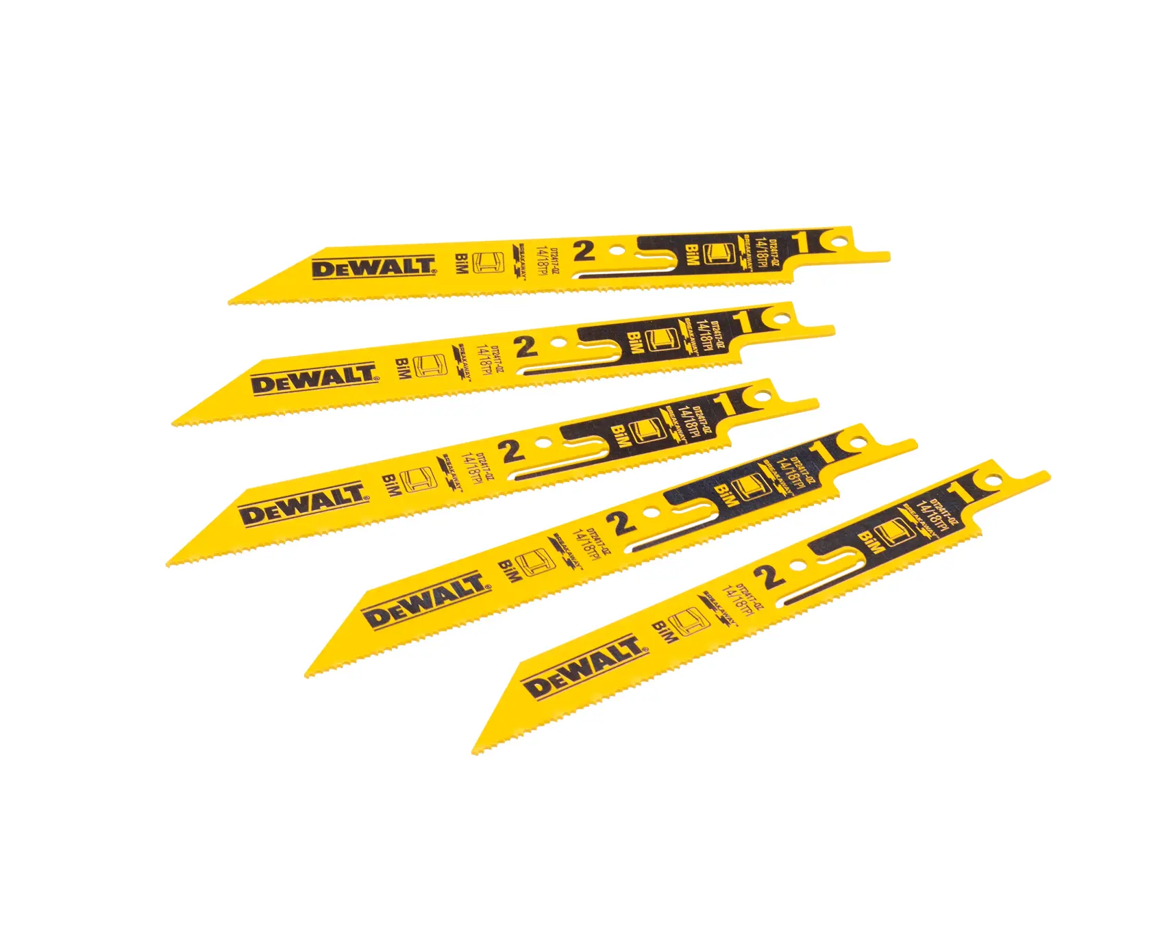 Cinq lames de scie sabre DEWALT jaunes avec détails imprimés, disposées en éventail sur fond blanc.