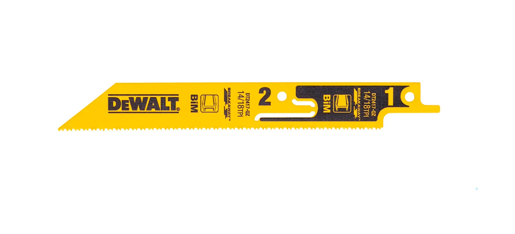 Lame de scie sauteuse DEWALT DT2417 jaune à dents fines pour couper le métal.