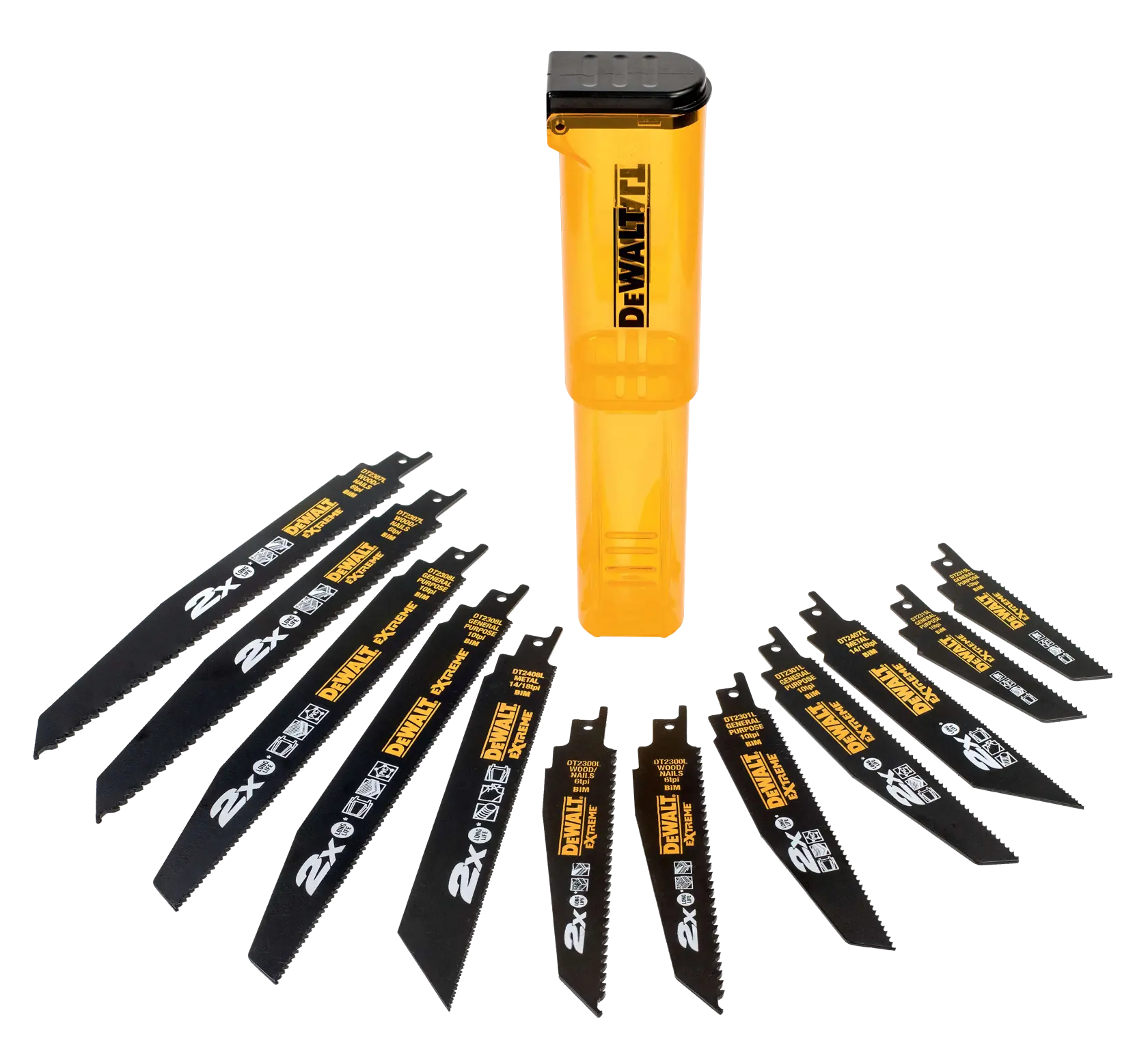 Ensemble de lames de scie sabre DEWALT DT2441L présenté avec un étui de rangement jaune, comprenant plusieurs lames noires disposées en demi-cercle.