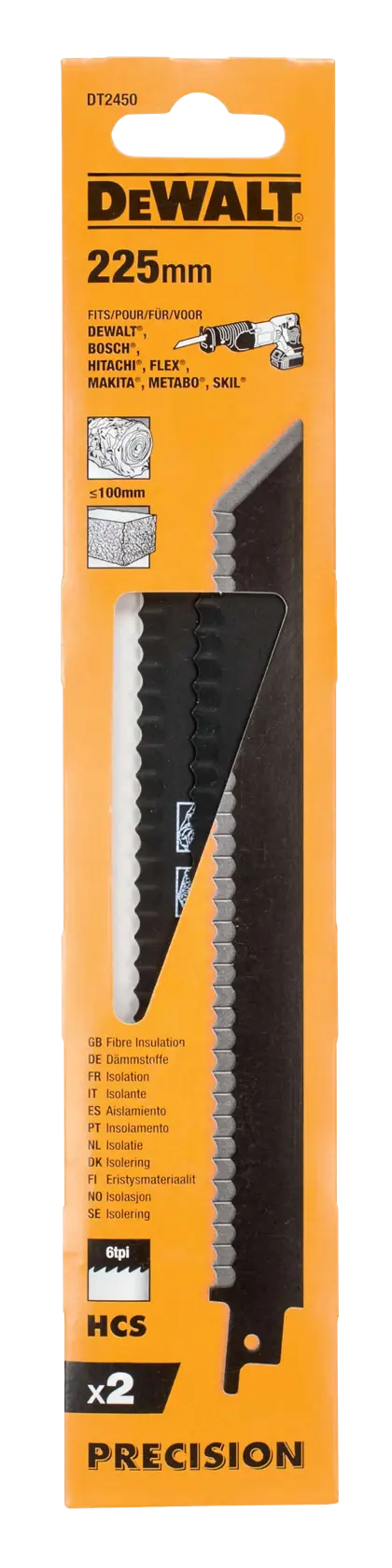 Pack DEWALT DT2450 lame de scie 225mm pour isolation, deux lames dans emballage orange.