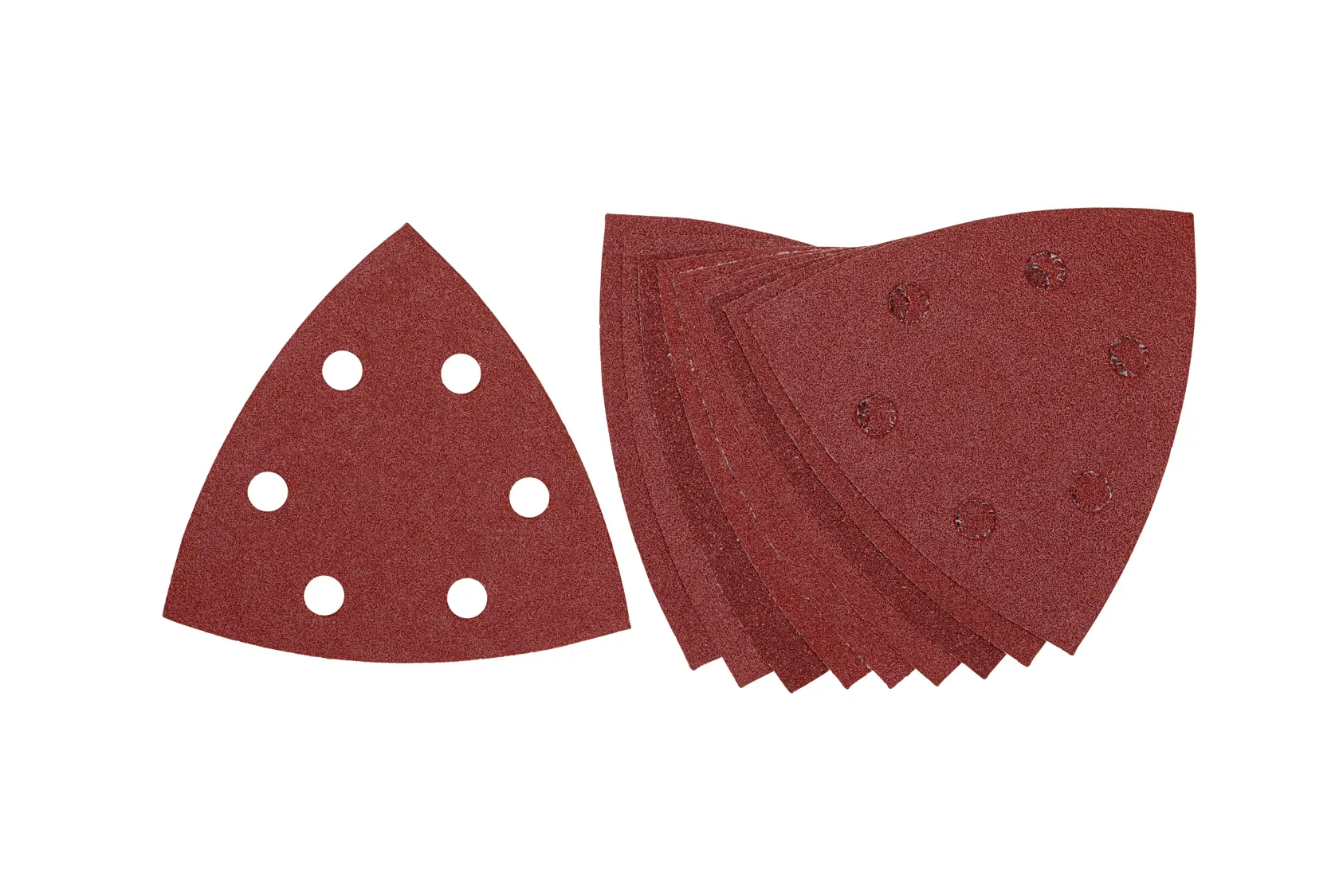 Lot de feuilles abrasives triangulaires à trous pour outils multifonctions, présentées sur fond blanc.
