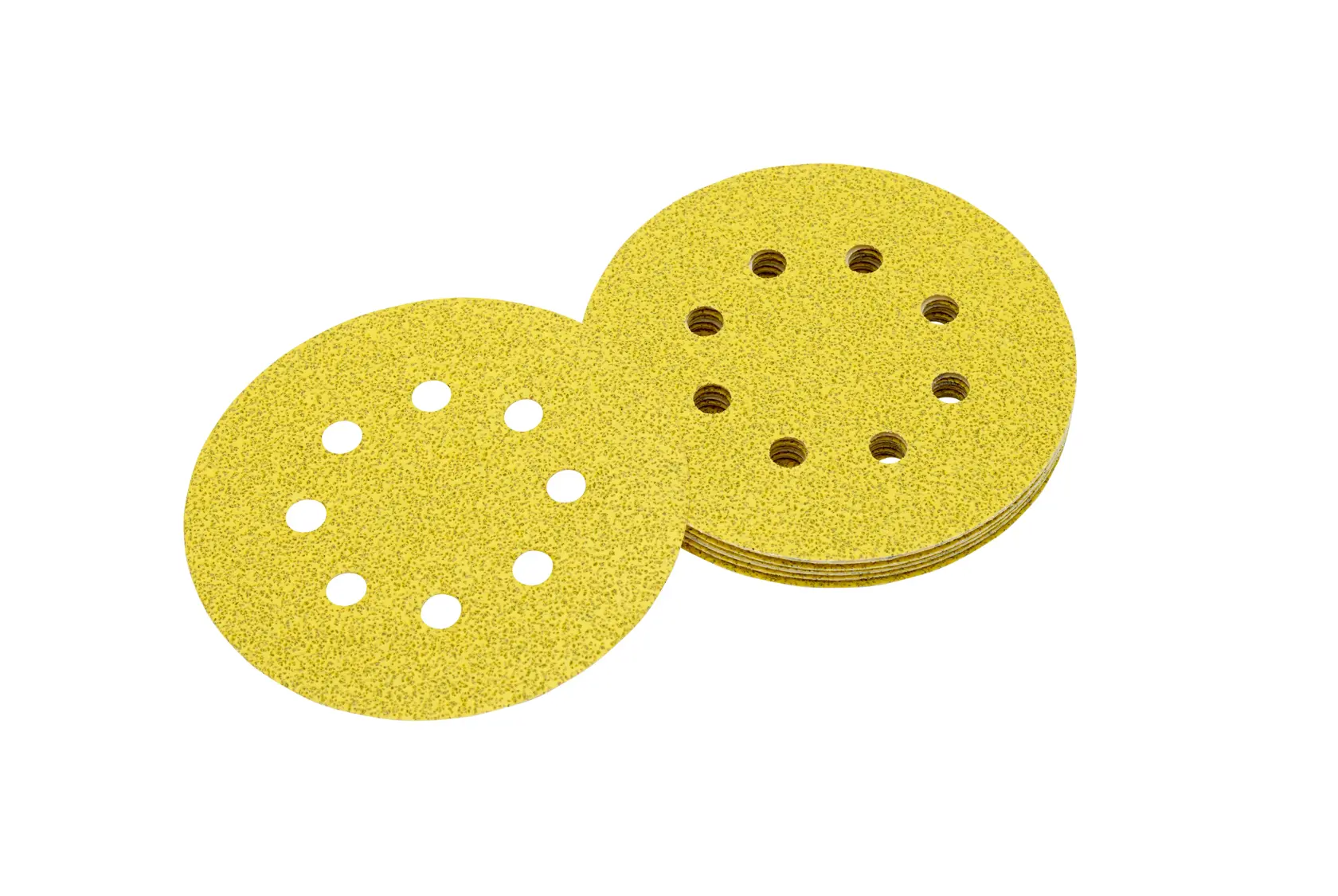 Pile de disques abrasifs ronds jaunes DEWALT avec trous de ventilation pour ponceuses orbitales.